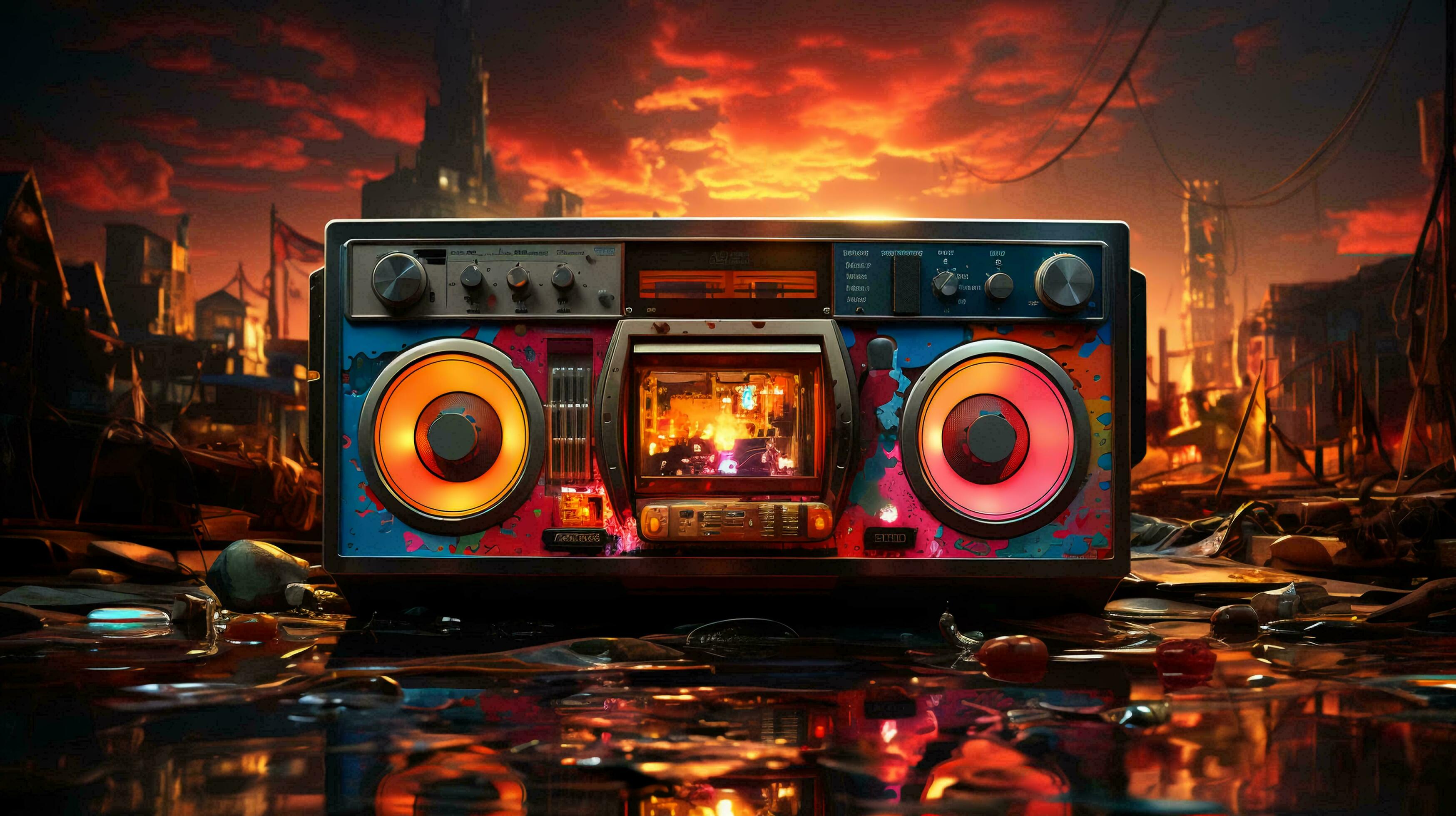 3497x1960 Old stylish vintage audio retro music cassette tape recorder poster from the 80s 90s