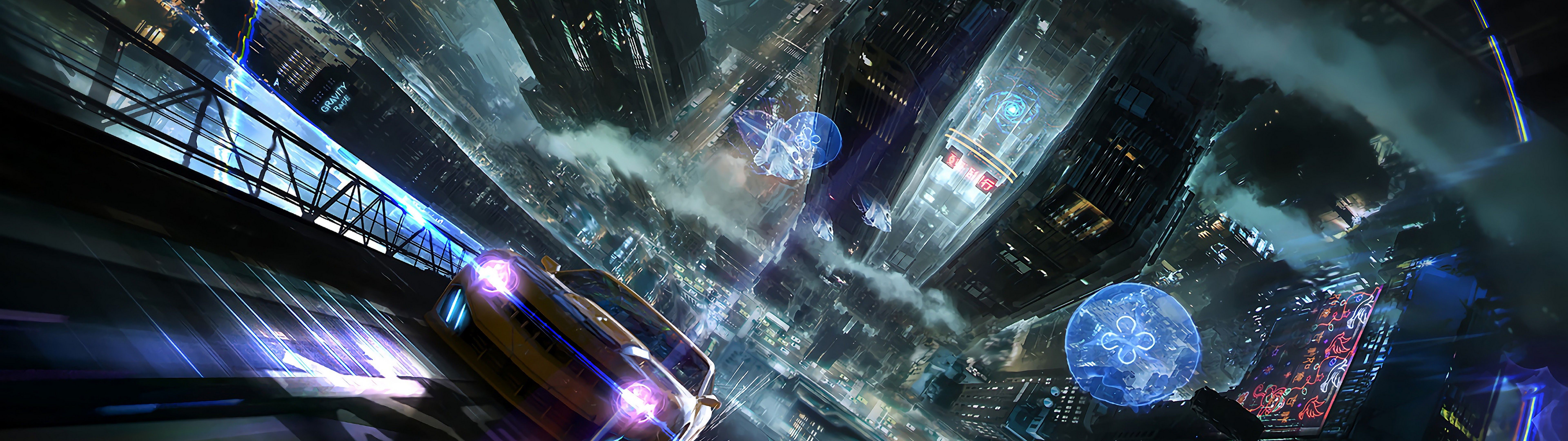 7680x2160 Sci Fi Cyberpunk Car Night City 4K Wallpaper HD