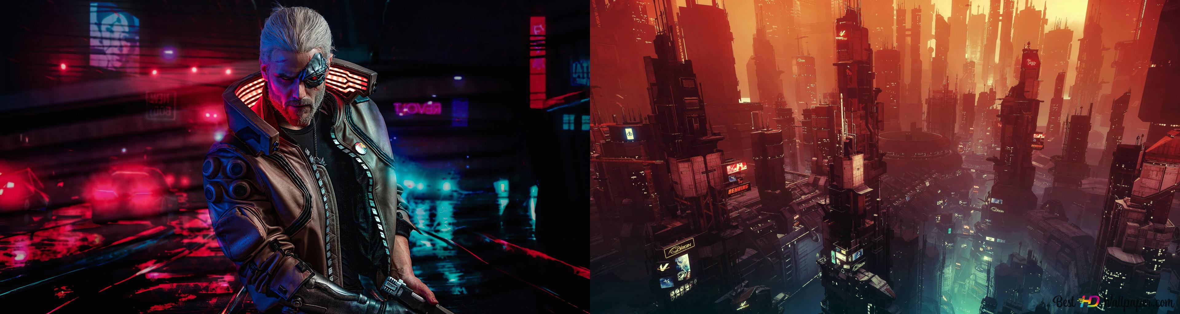 3840x1024 Cyber punk edited HD dual monitor 4K wallpaper download