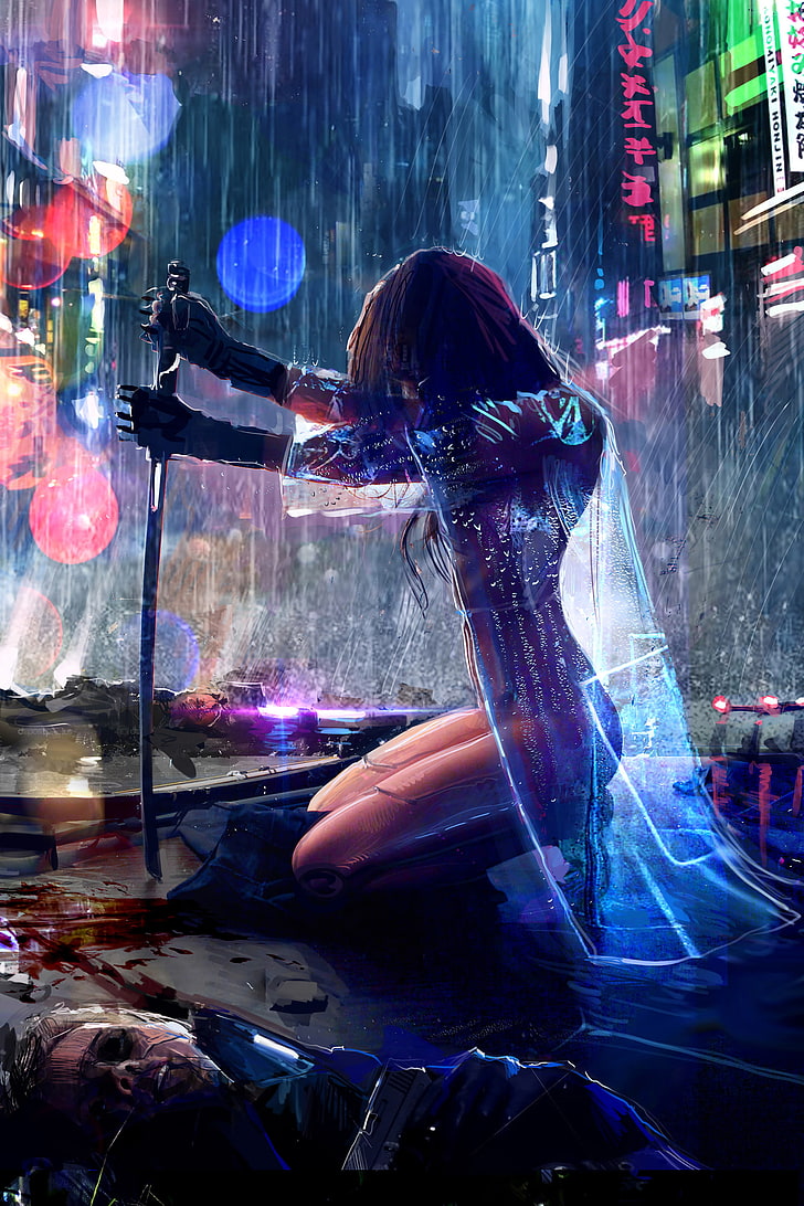 728x1092 Woman holding sword wallpaper, cyberpunk, Jacek Babinski, digital art, HD wallpaper