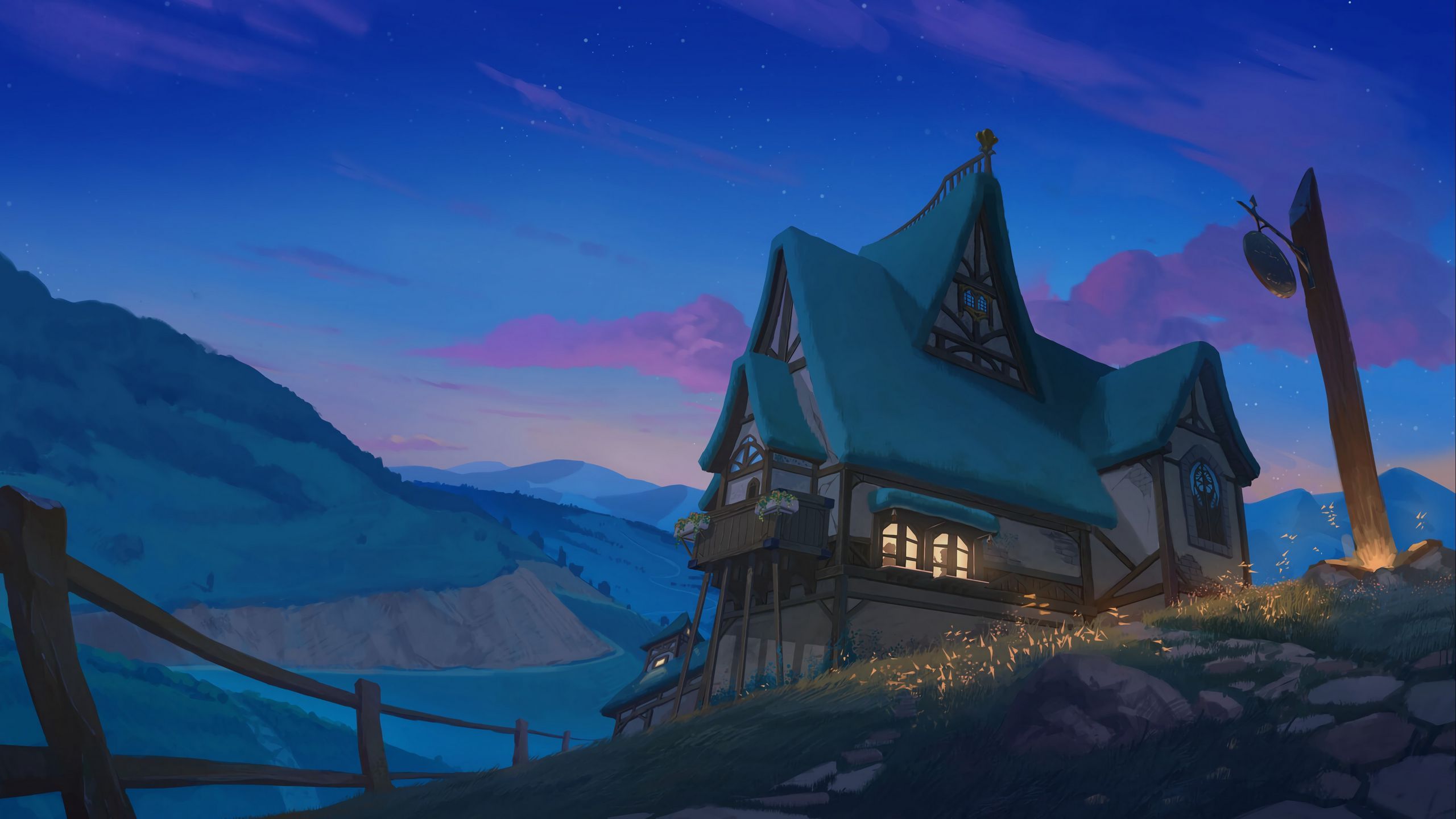 2560x1440 Download wallpaper 2560x1440 house, mountains, river, night, art widescreen 16:9 HD background