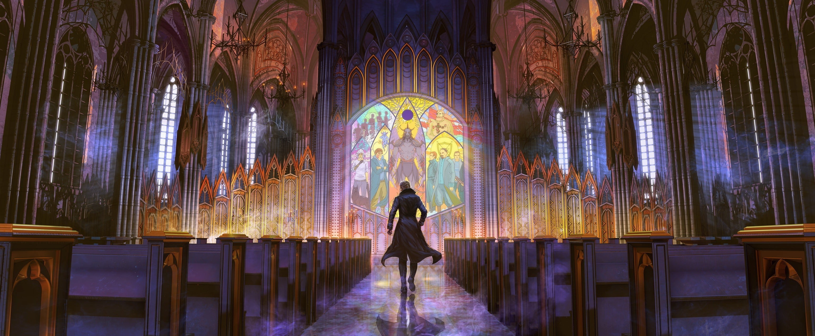 3098x1279 Cathedral interior, artwork, fantasy art, cathedral, bench HD wallpaper