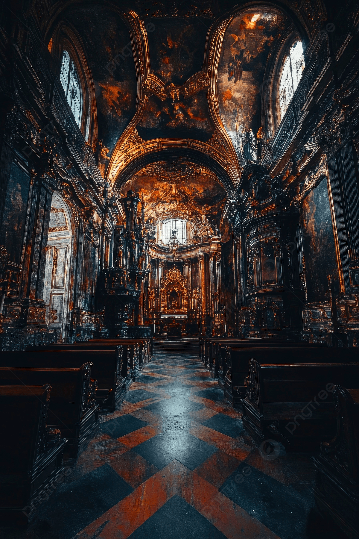 1200x1800 The Interior Of An Old Baroque Church With Intricate Design Background Wallpaper Image For Free Download