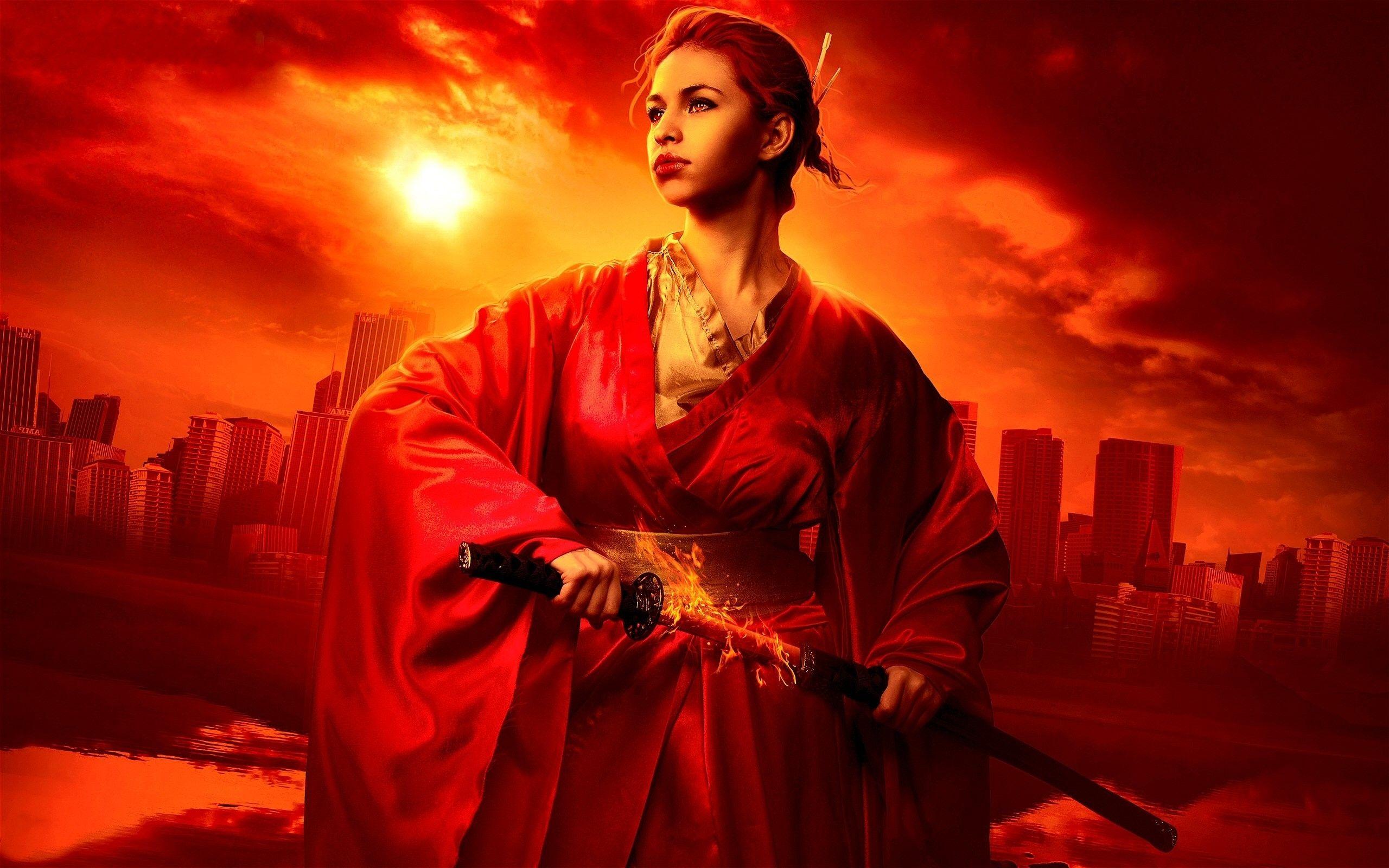 2560x1600 Woman Red Kimono & Sword wallpaper. Woman Red Kimono & Sword