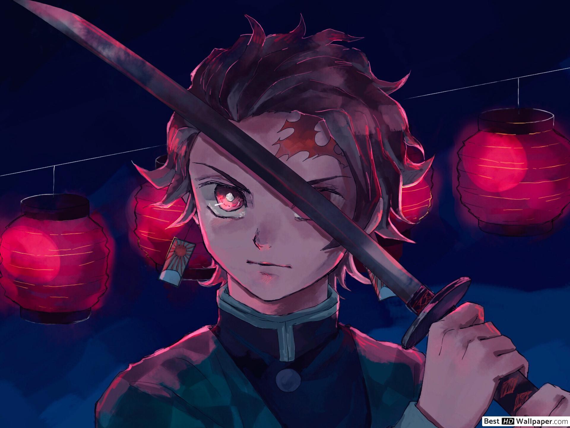 1920x1440 Tanjiro Kamado's sword with red lantern background HD wallpaper