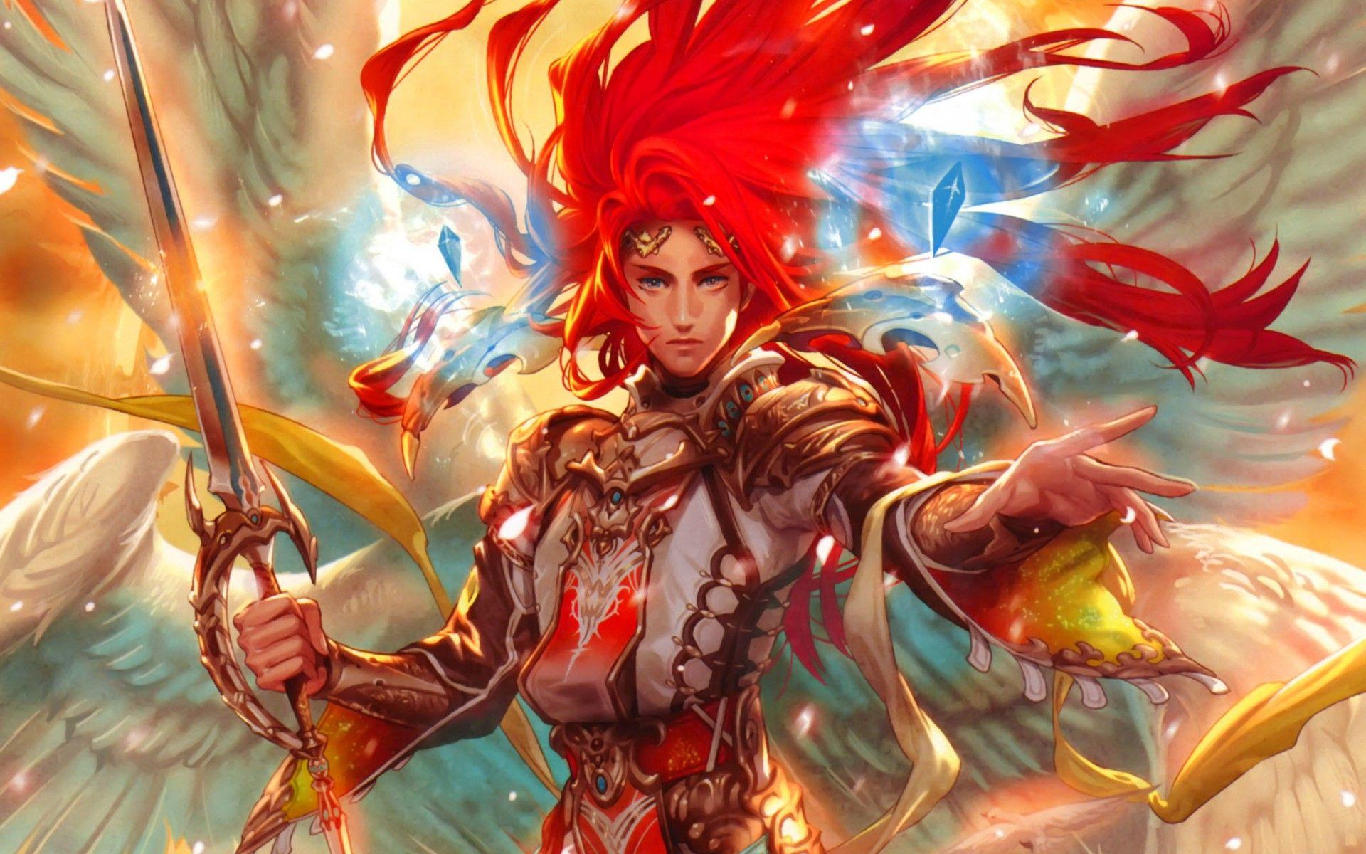 1920x1200 art, Midori, Foo, Angel, Man, Sword, Wings, Crystal, Red, Warrior