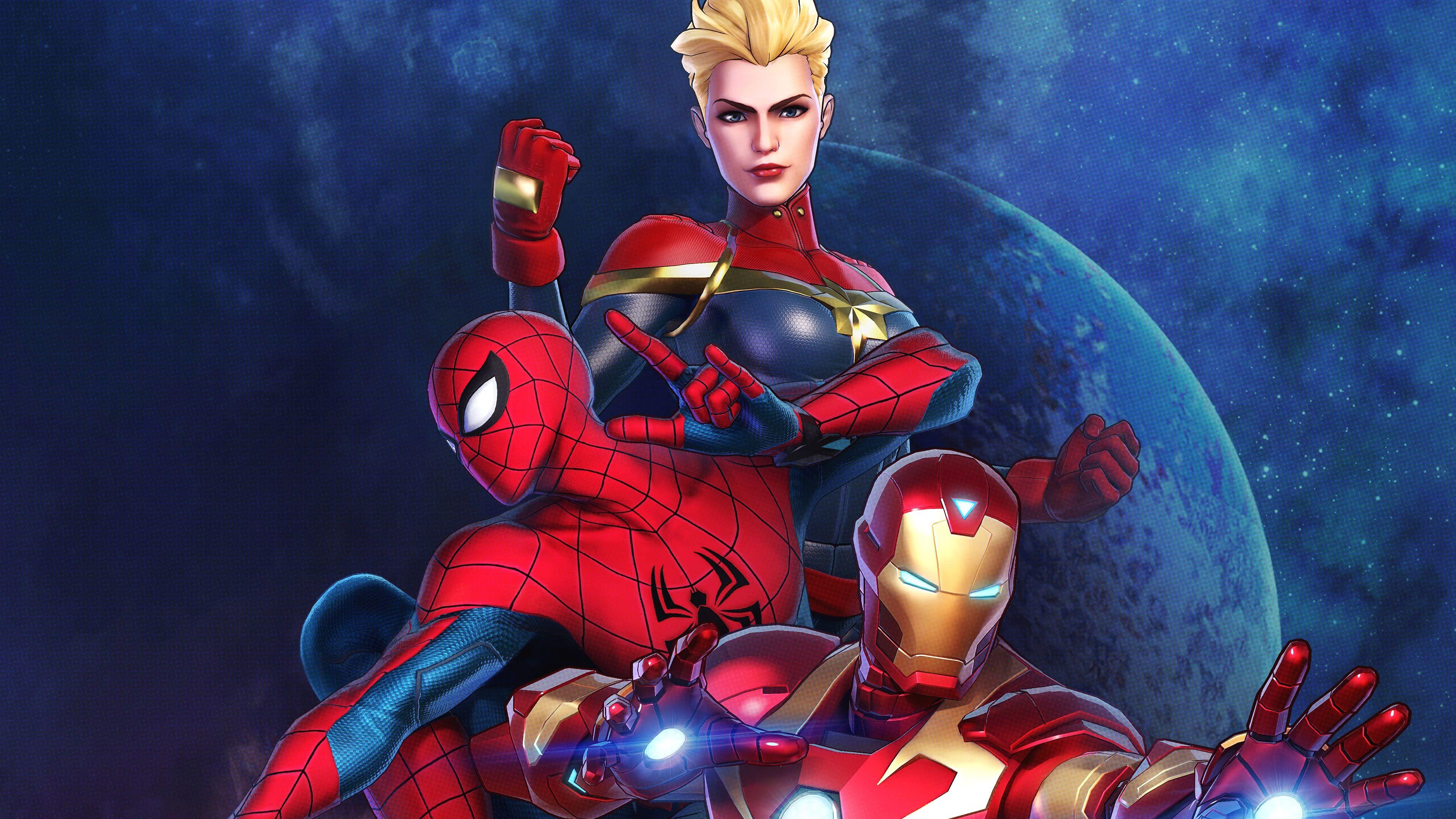 3840x2160 Marvel Ultimate Alliance 3 Captain Marvel Spiderman Iron Man UHD 4K Wallpaper