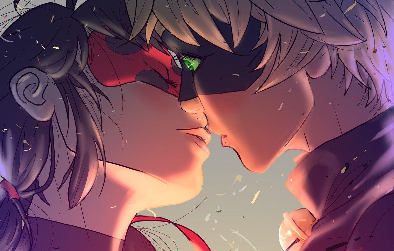1332x850 Wallpaper girl, kiss, anime, mask, art, guy, two, chat noir