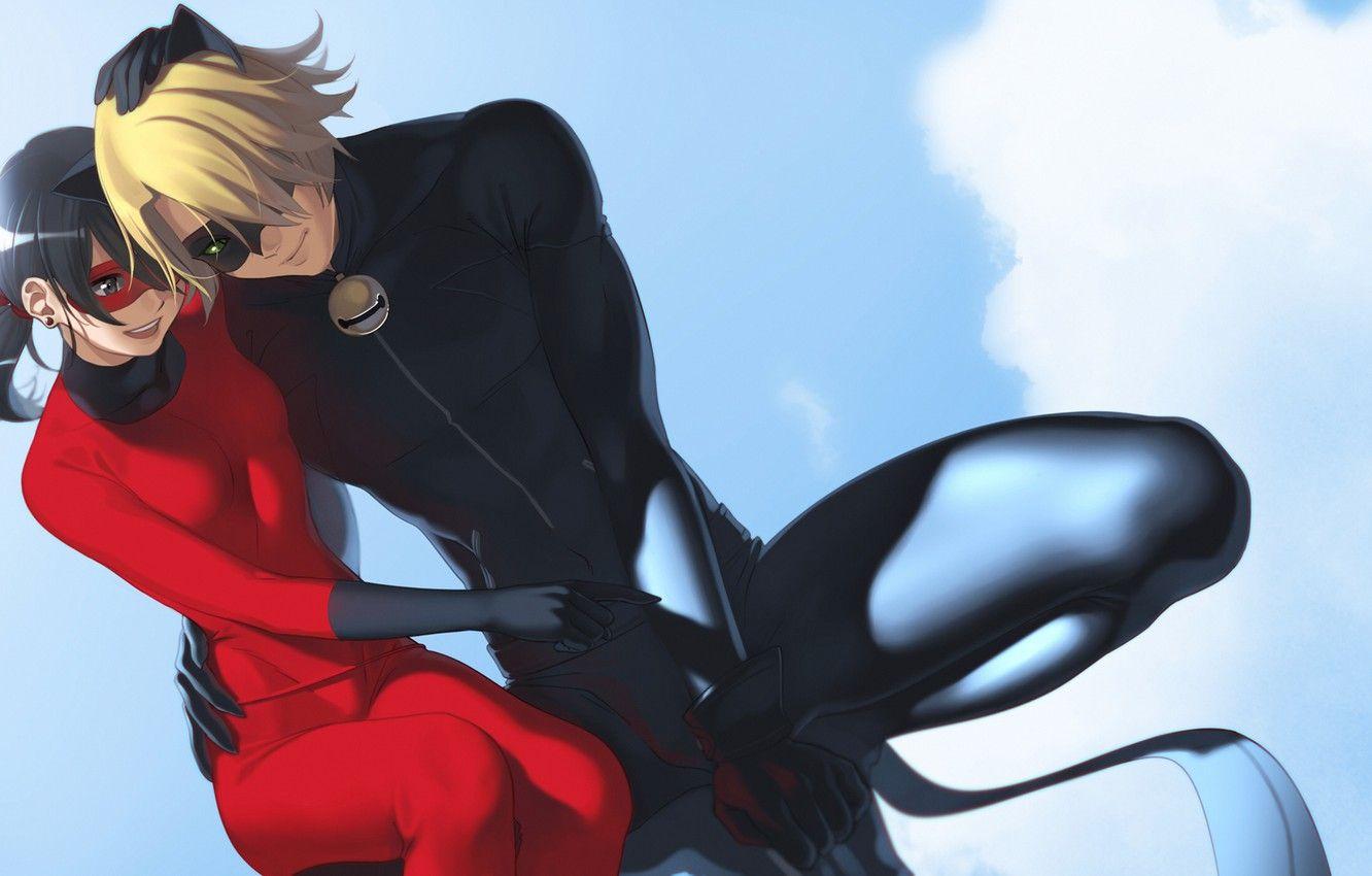 1332x850 Wallpaper the sky, girl, clouds, anime, mask, art, guy, two, aconitea, chat noir, adrien agreste, Miraculous LadyBug image for desktop, section прочее