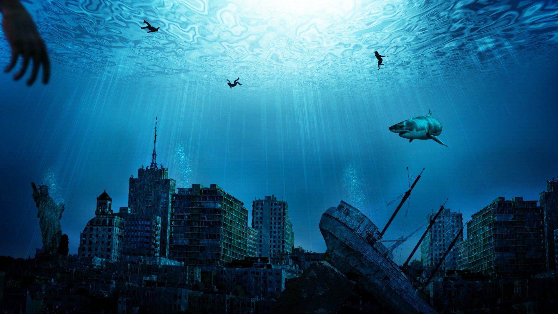 1920x1080 cityscapes, silhouettes, buildings, Statue of Liberty, fantasy art