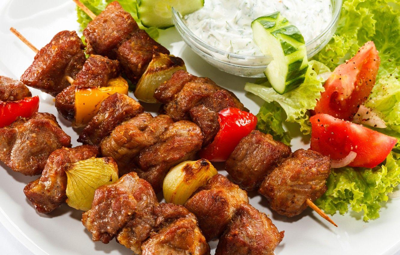1332x850 Wallpaper cucumber, vegetables, tomatoes, sauce, kebab, salad