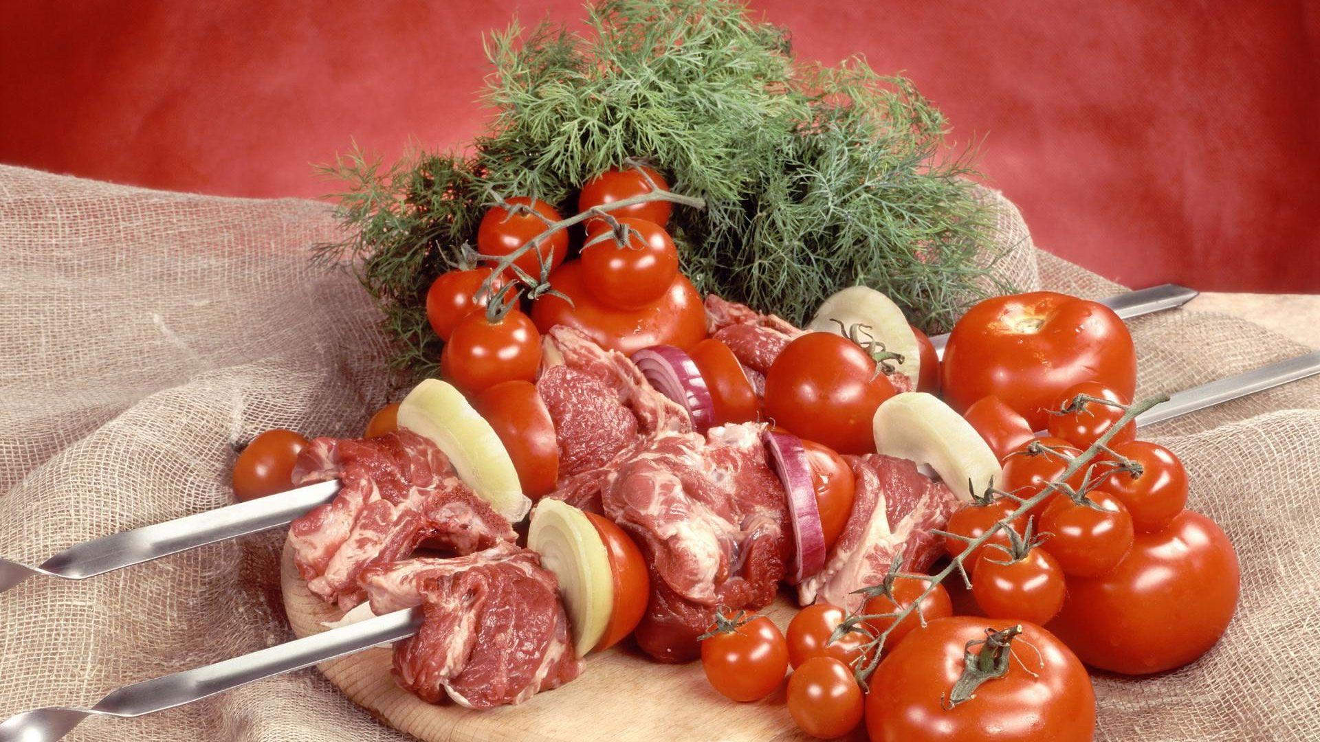 1920x1080 Download Wallpaper 1920x1080 shish kebab, meat, tomatoes, fennel