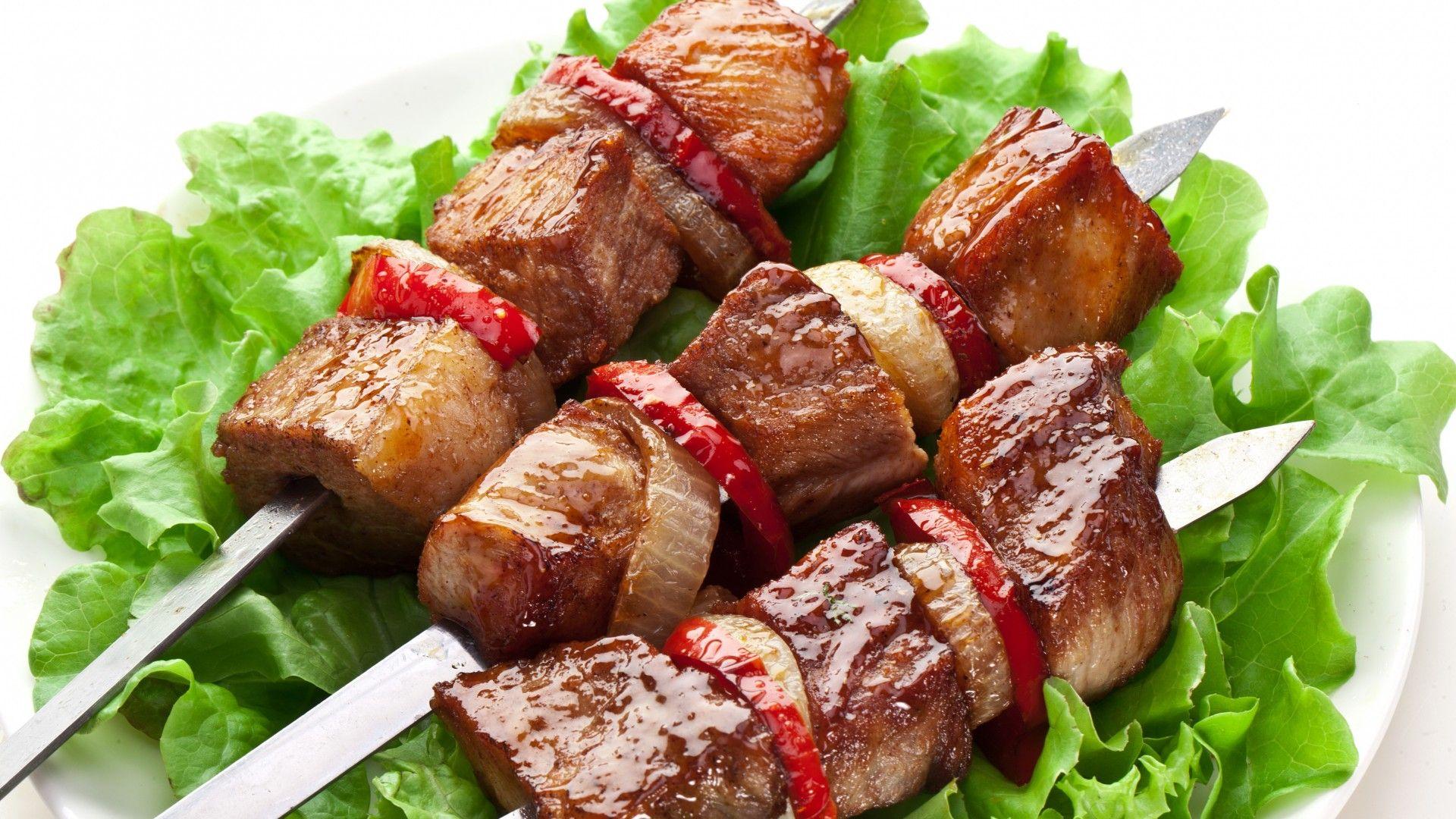 1920x1080 Meat skewers, grilled meat, vegetables, meat, food wallpaper
