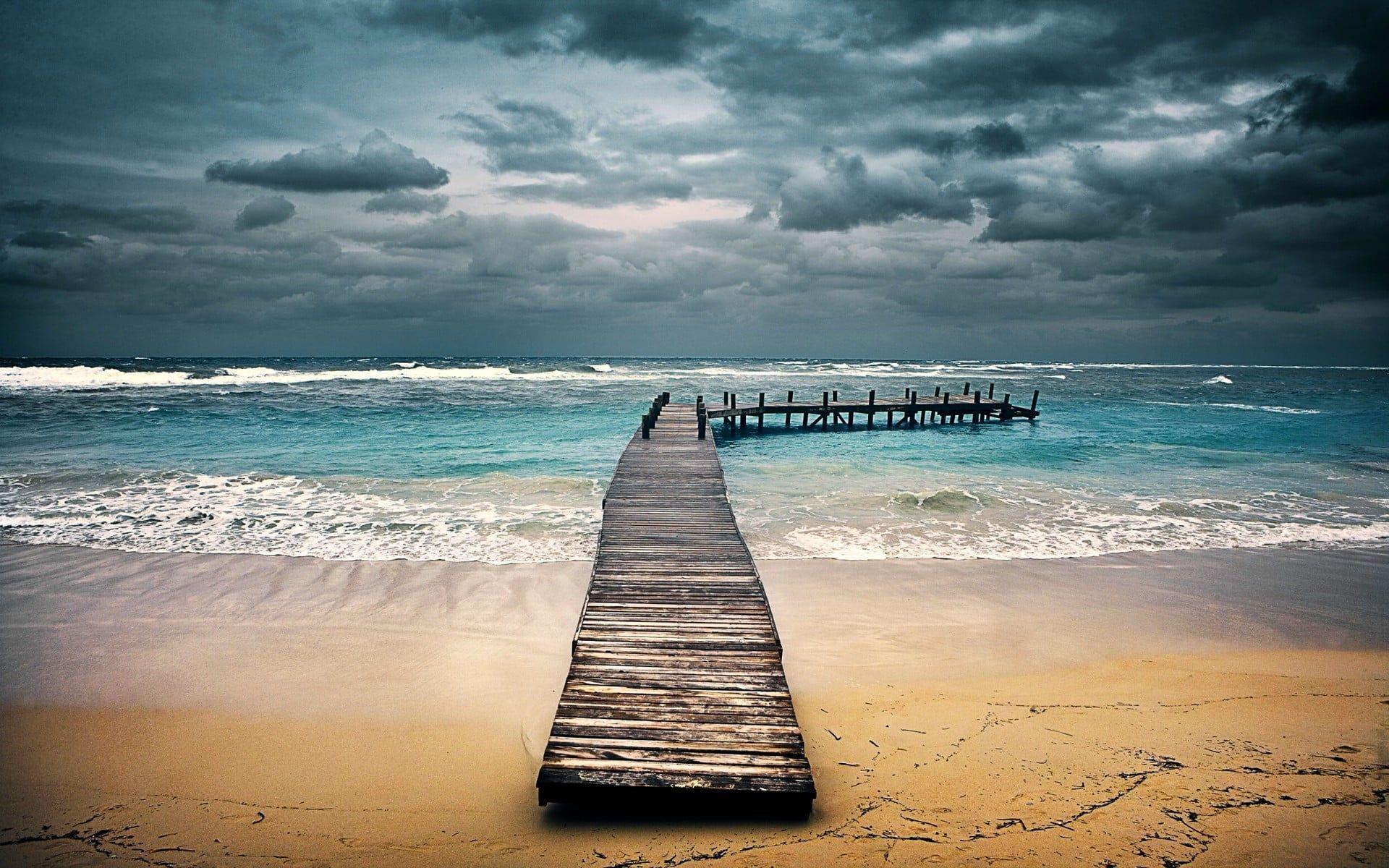 1920x1200 brown wooden dock on beach #nature #landscape #beach #sand #sea