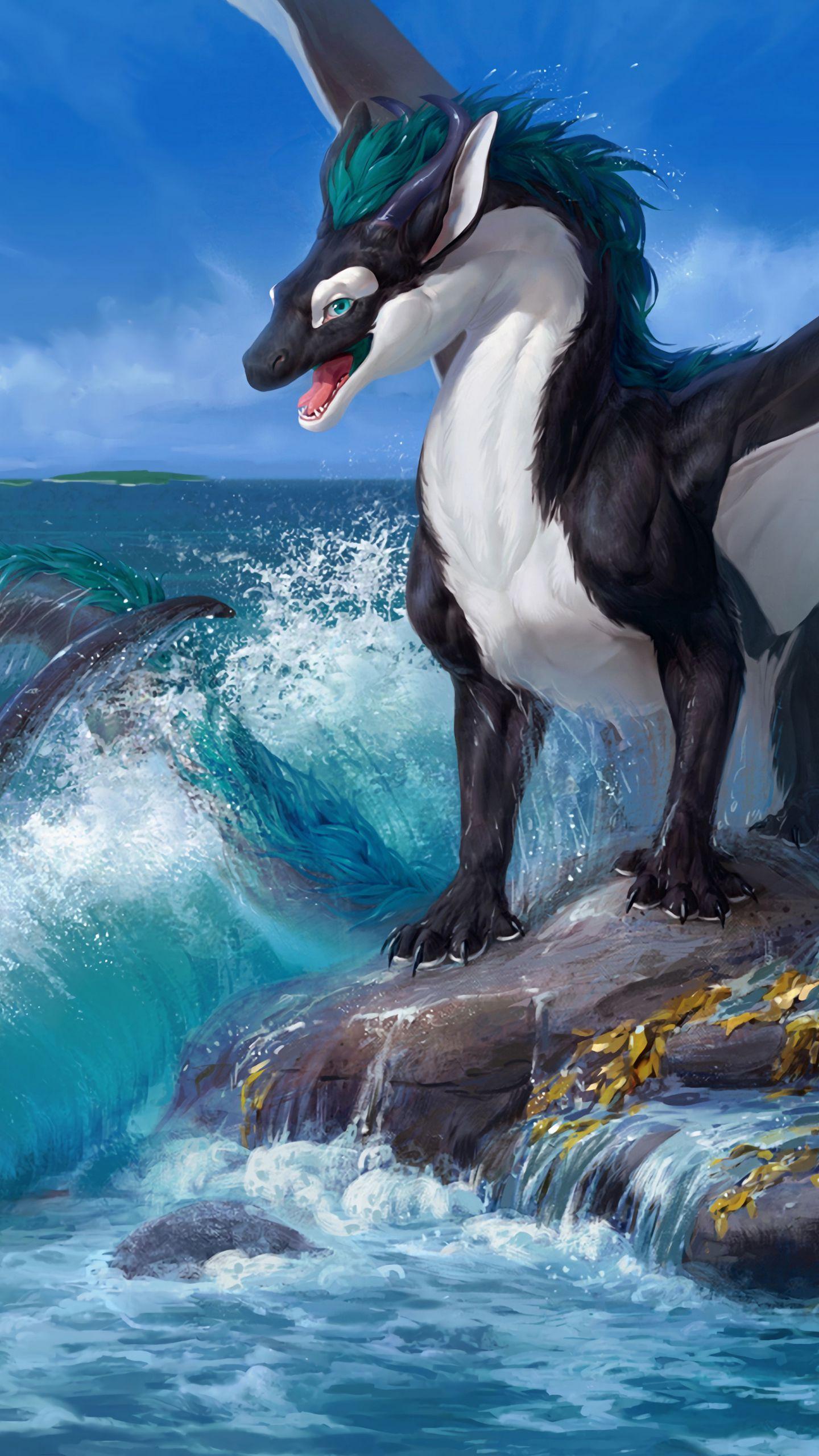 1440x2560 Download wallpaper 1440x2560 dragon, sea, rock, wave, art qhd