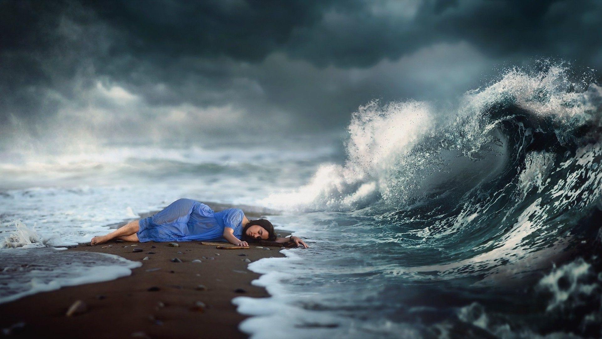 1920x1080 women, Waves, Lying Down, Blue Dress, Dark Hair, Digital Art