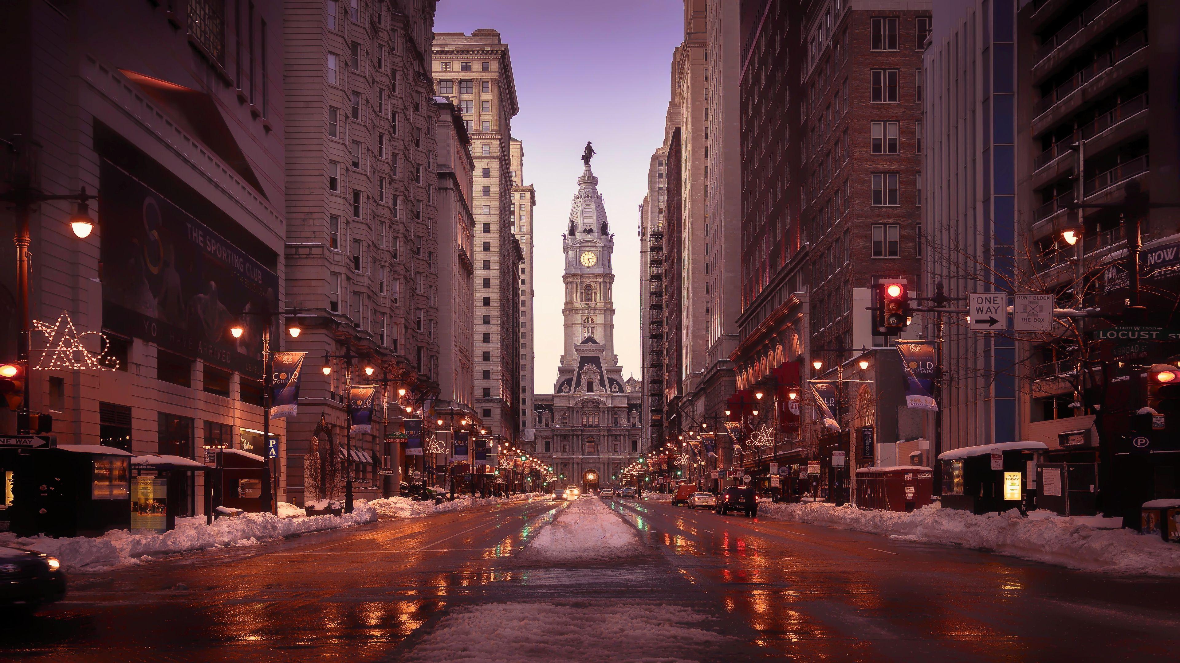 3840x2160 Wallpaper 4k Philadelphia Streets Tall Buildings Road Snow 4k