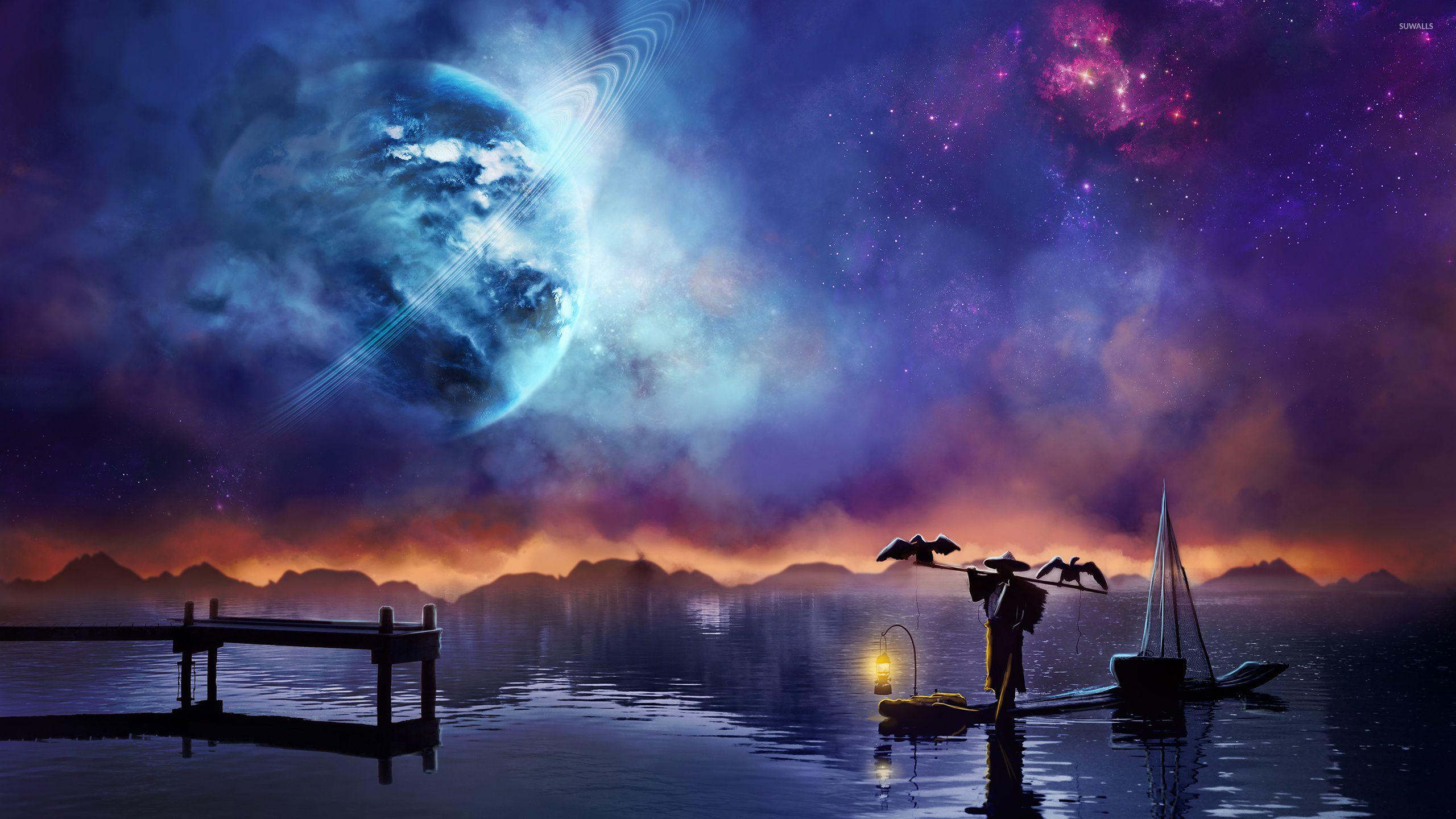 2560x1440 Stranger crossing the lake at night wallpaper wallpaper