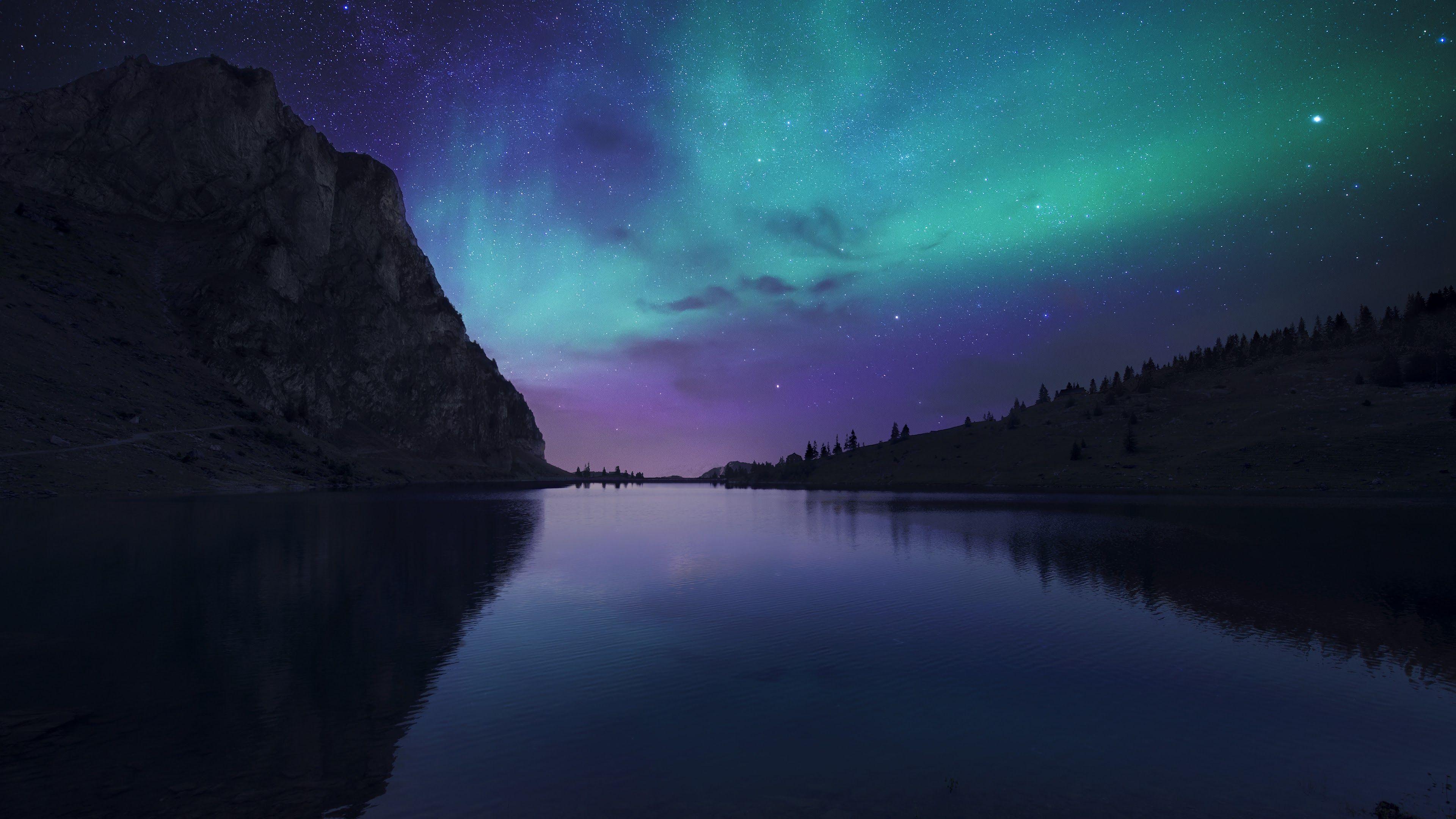 3840x2160 Aurora Borealis Night Sky Stars Lake Nature Scenery 4K Wallpaper