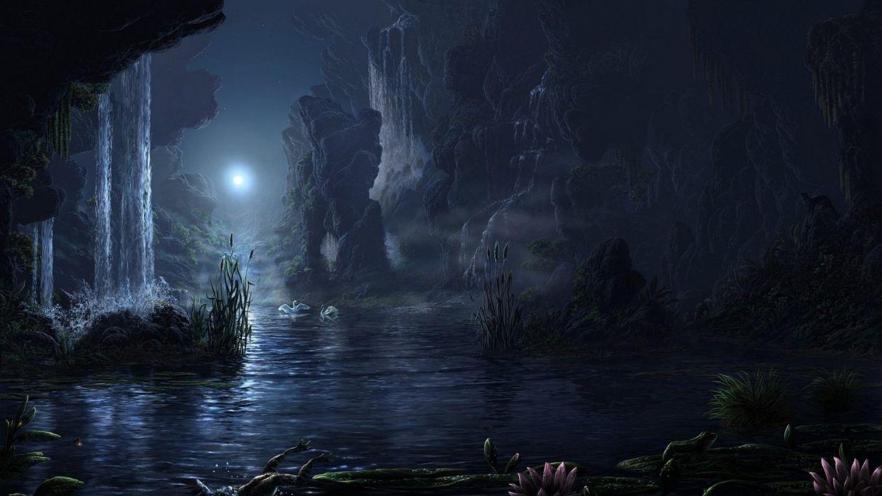 1244x700 Fantasy lake animal moon waterfall landscape beauty night