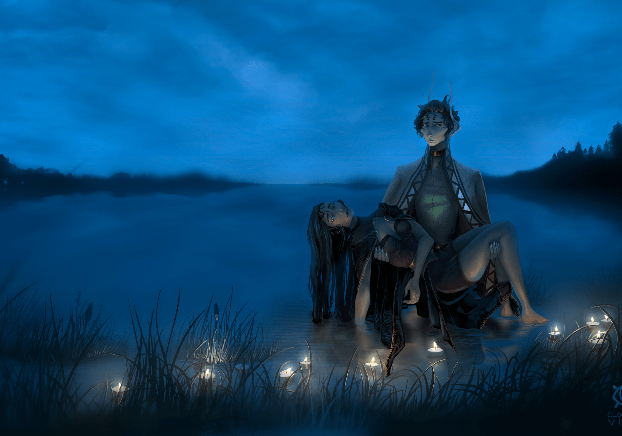 2048x1436 Download 2048x1436 Fantasy World, Different Race, Lake, Night