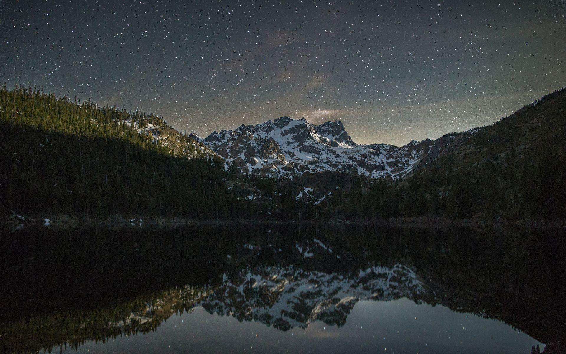 1920x1200 snow, Stars, Night, Reflection, Trees, Lake, Mountains, Sky, Night Wallpaper HD / Desktop and Mobile Background