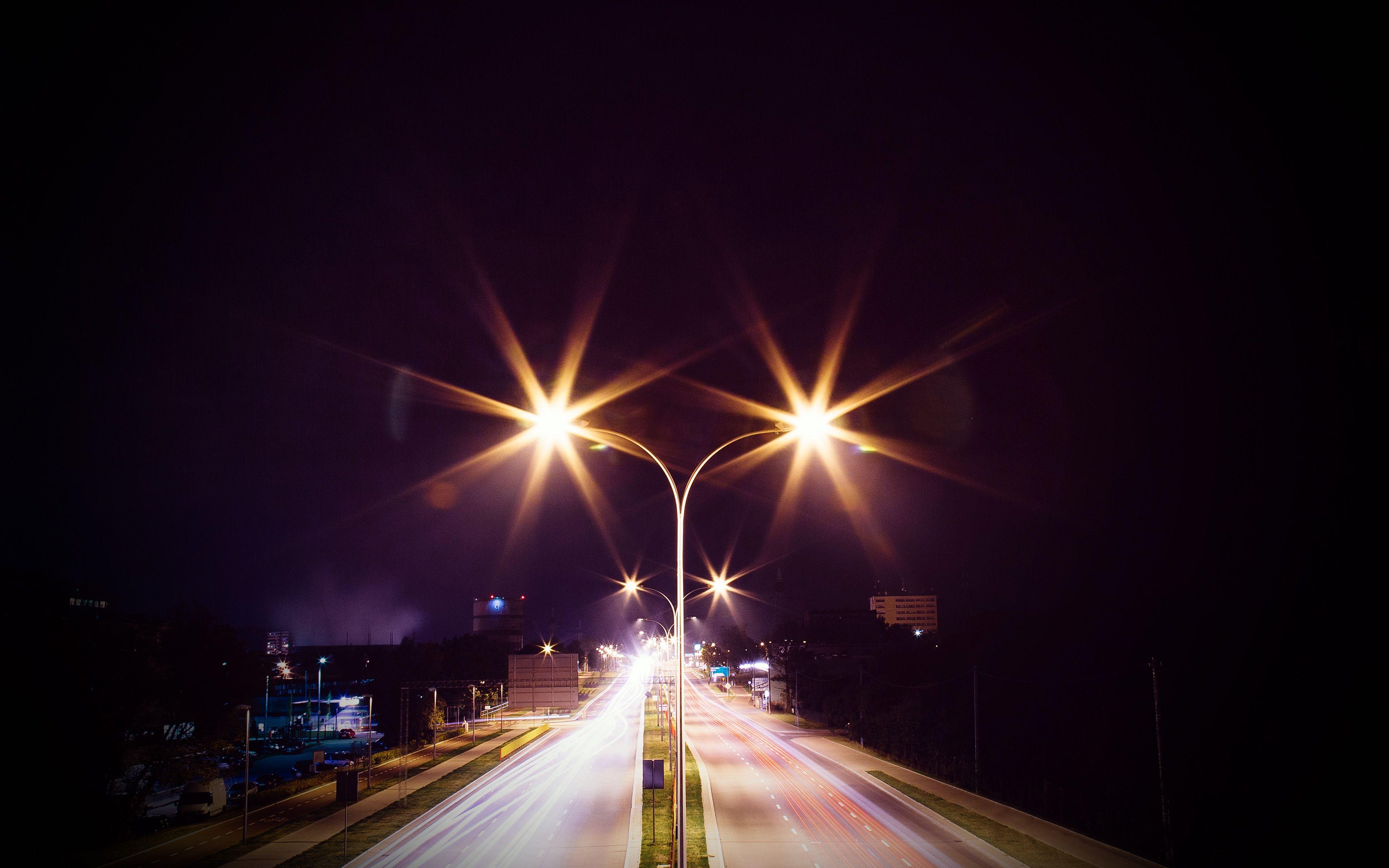 3840x2400 Night Road Exposure Dark Light City Car Vignette Wallpaper