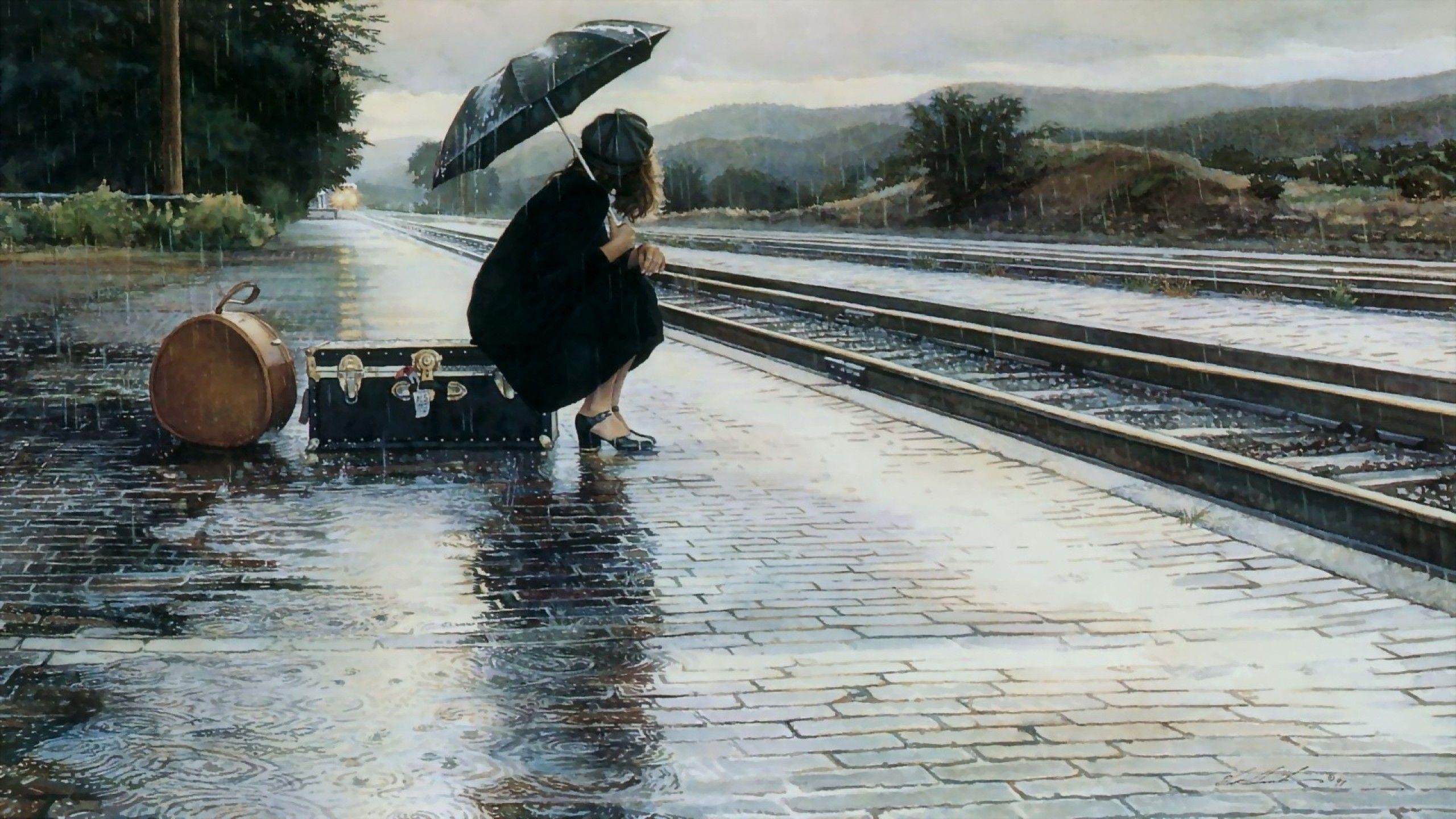 2560x1440 women, paintings, umbrellas, Rainy Weather wallpaper
