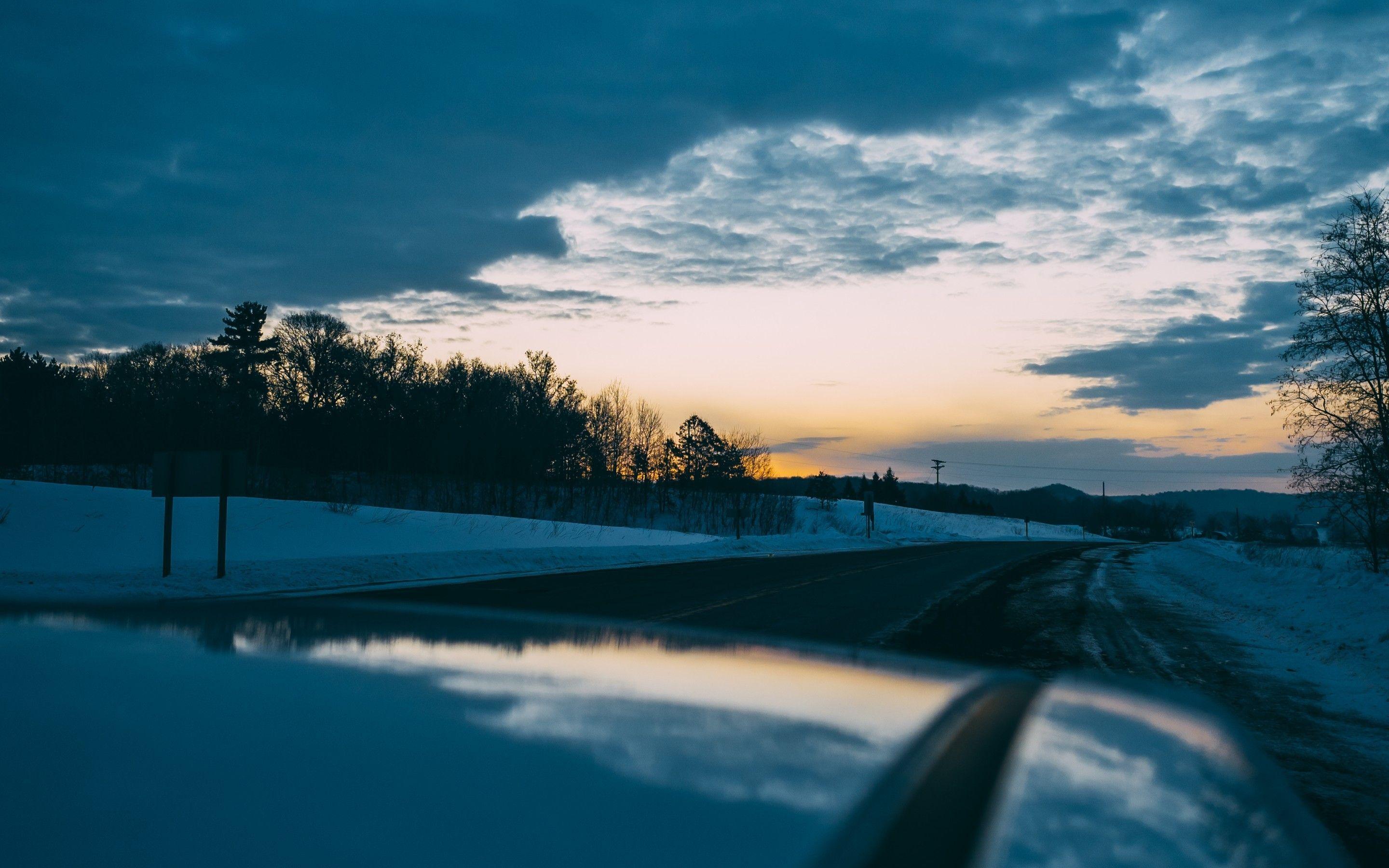 2880x1800 Download 2880x1800 Road, Clouds, Dawn, Winter, Snow, Sunrise