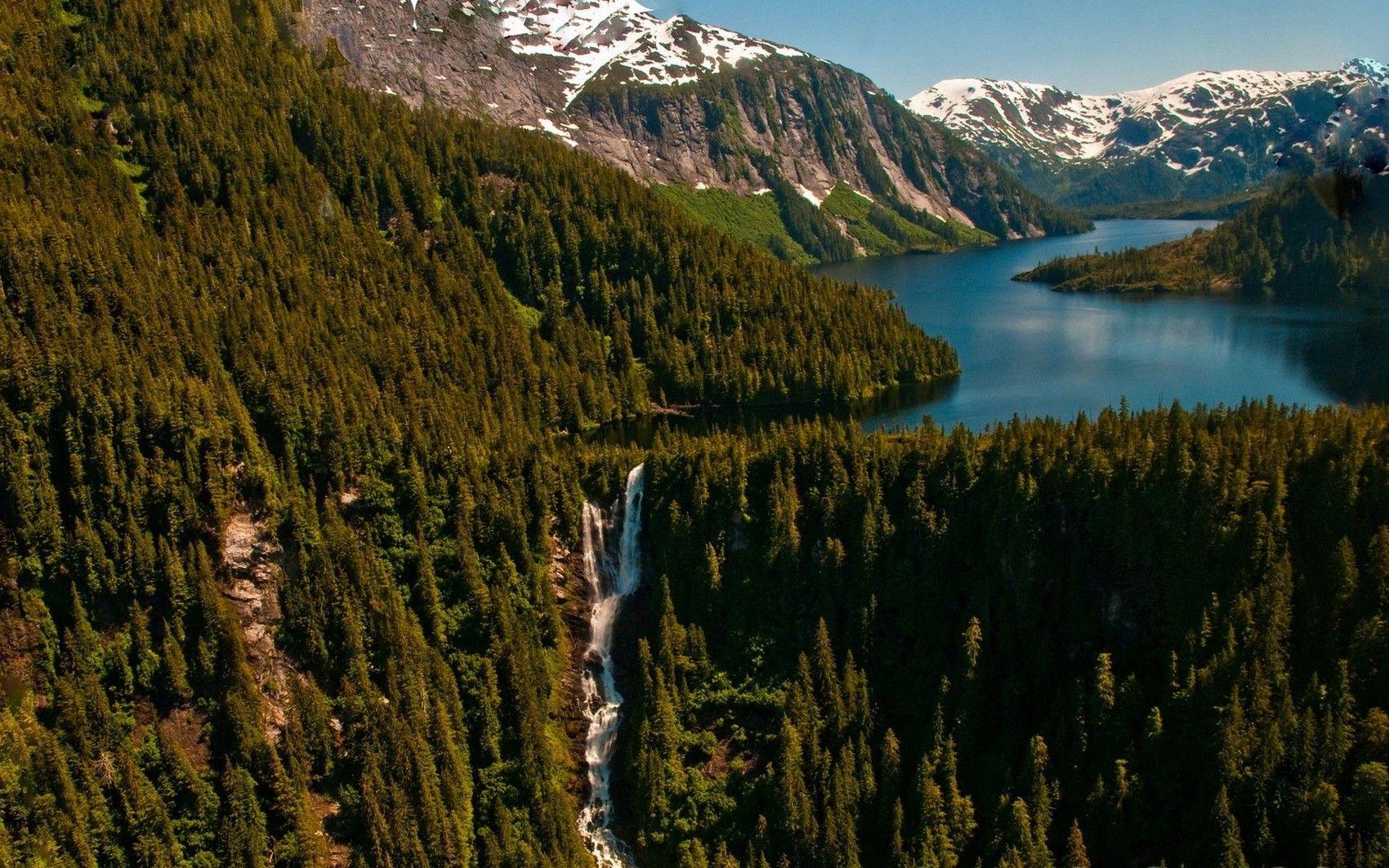 1700x1063 nature, Landscape, Forest, Mountains, Lake, Waterfall, Snowy Peak