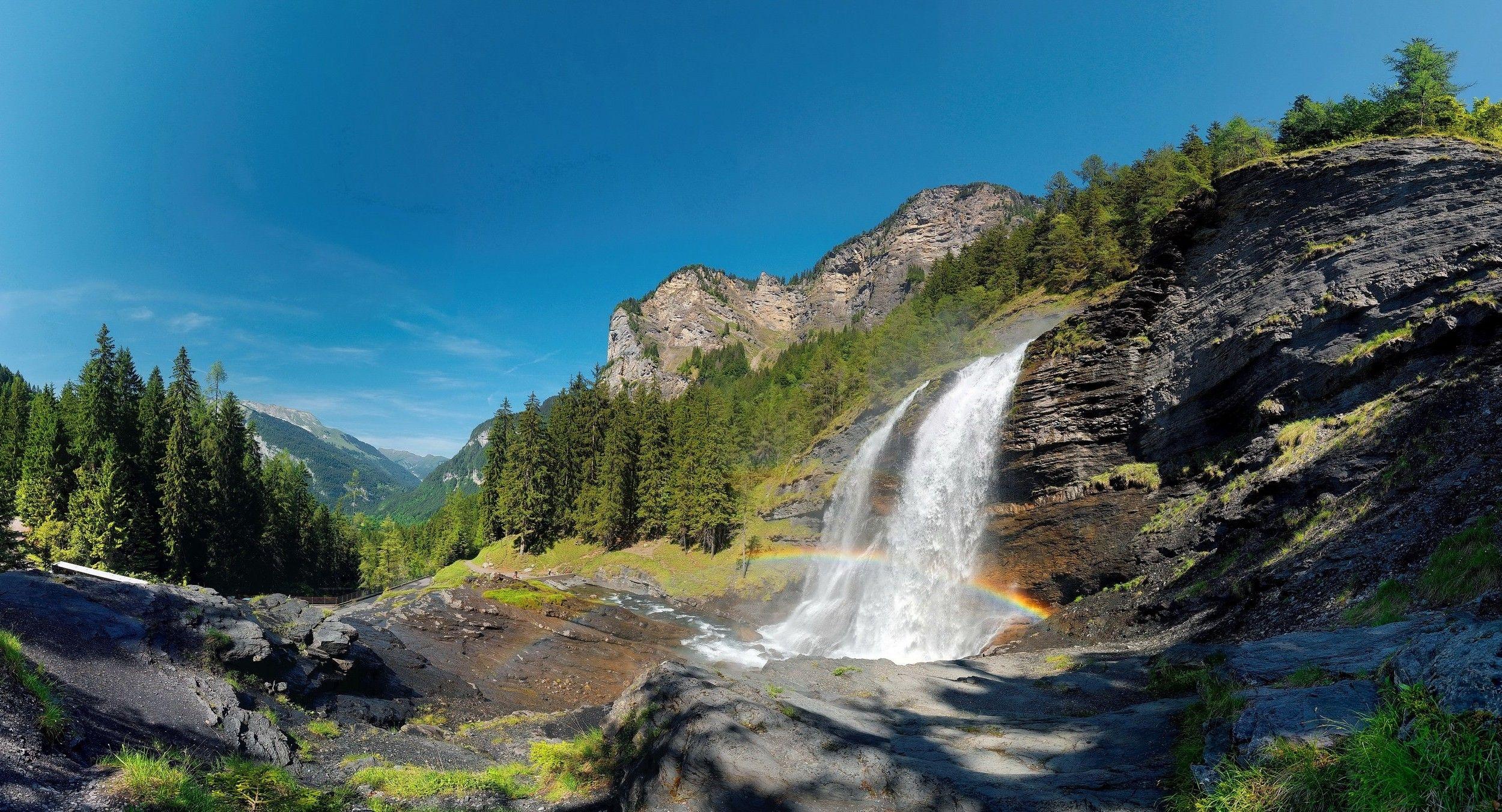 2500x1352 nature, Landscape, Waterfall, Rainbows, Forest, Mountains, Cliff