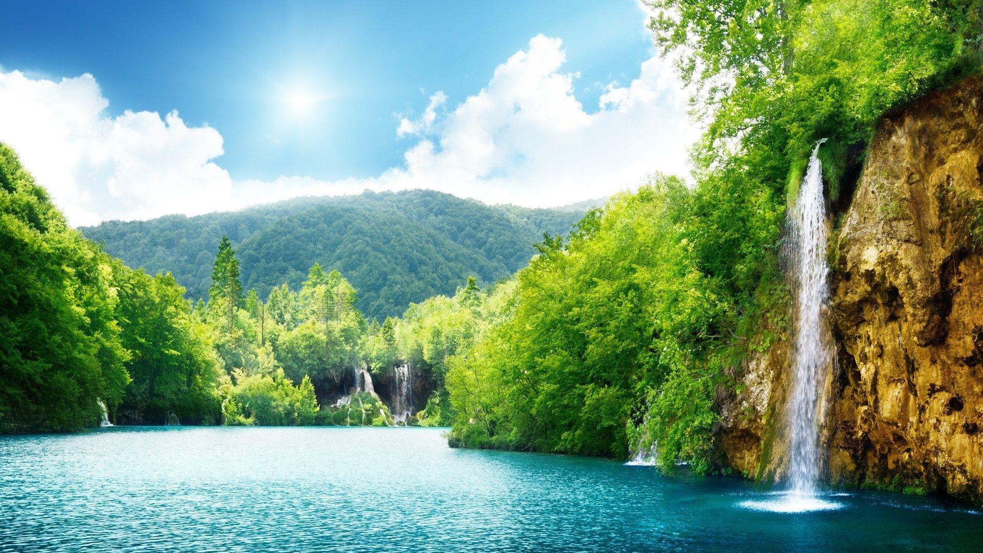 1920x1080 Waterfall, river, mountains, forest