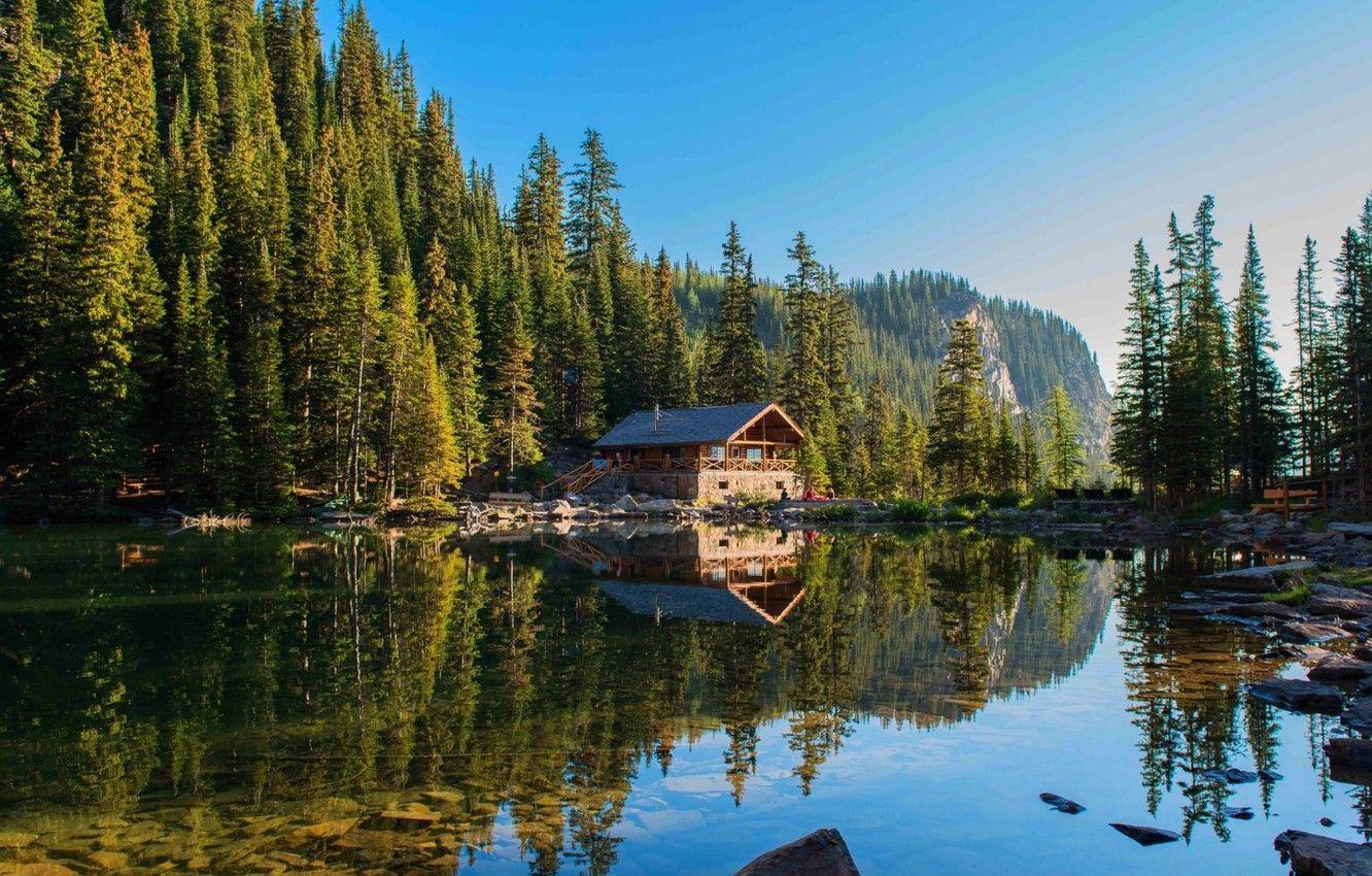 1332x850 Wallpaper summer, house, forest, river, hills, reflection, cabin