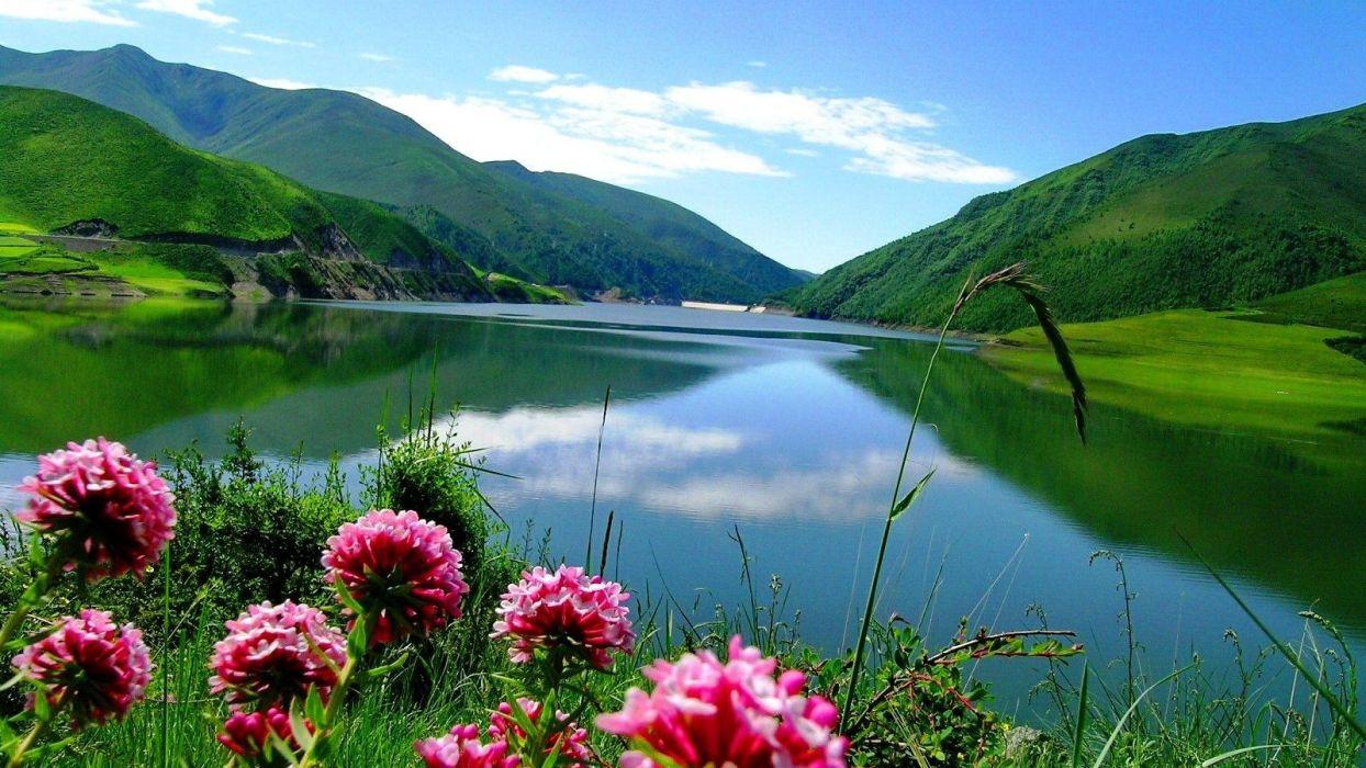1244x700 Lake Greenery Green Calm Crystal Mirrored Grass Clouds Mountain Shore Reflection Serenity Sky Clear Quiet Summer Nature Flowers Lakes Wallpaperx900