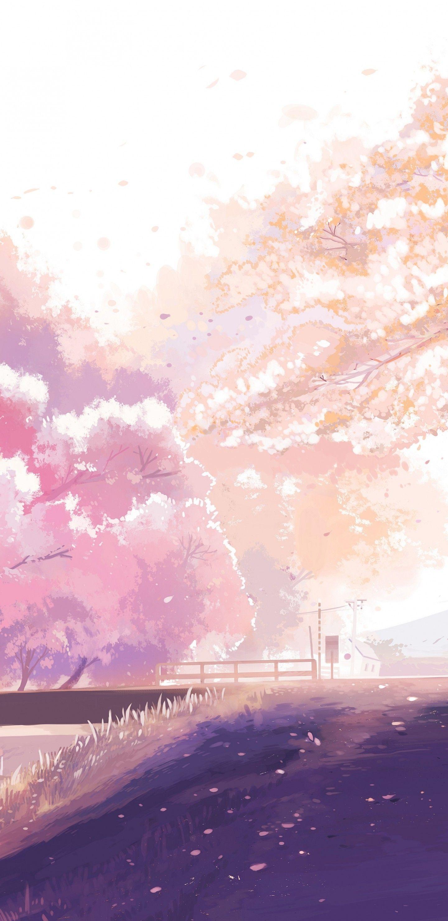 1440x2960 Download 1440x2960 Anime Couple, Scenic, Romance, Sakura Blossom