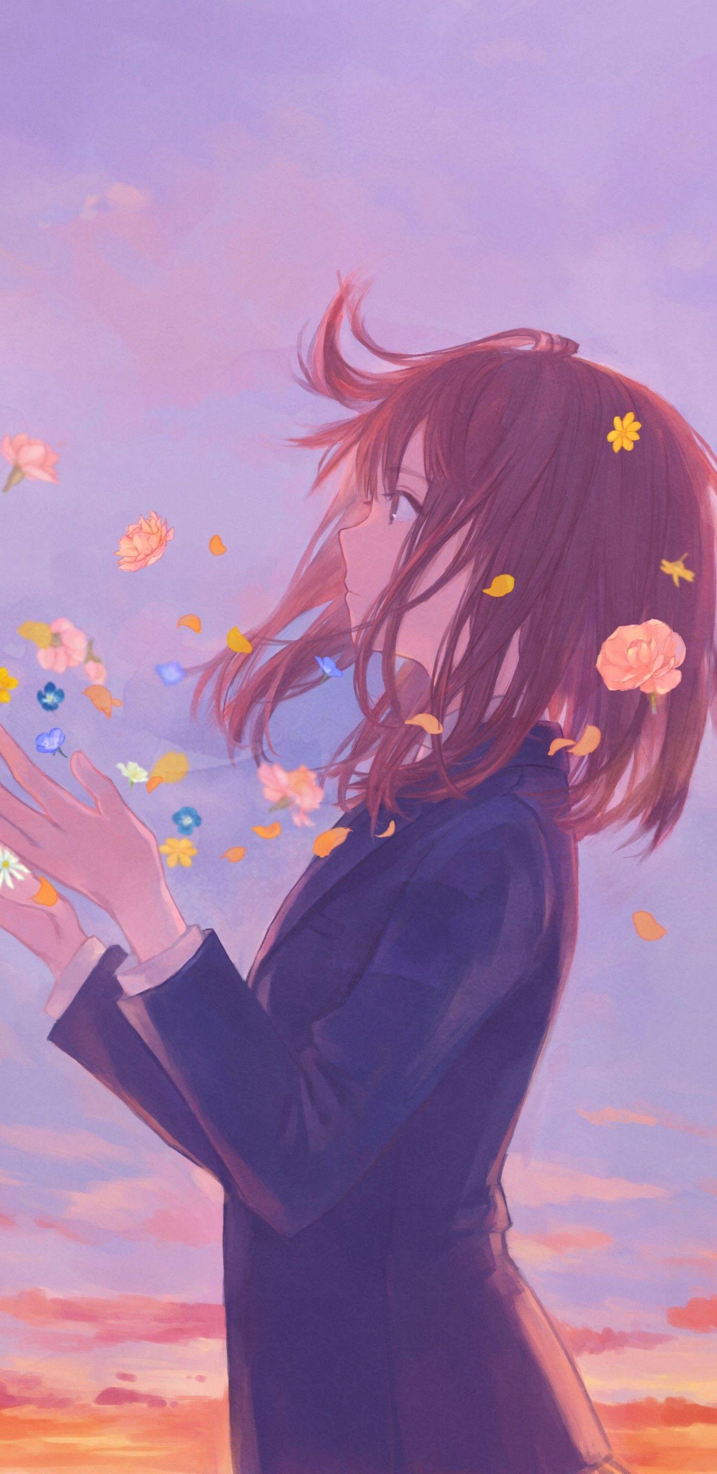 1440x2960 Anime Girl School Uniform Flowers Clouds 8k Samsung
