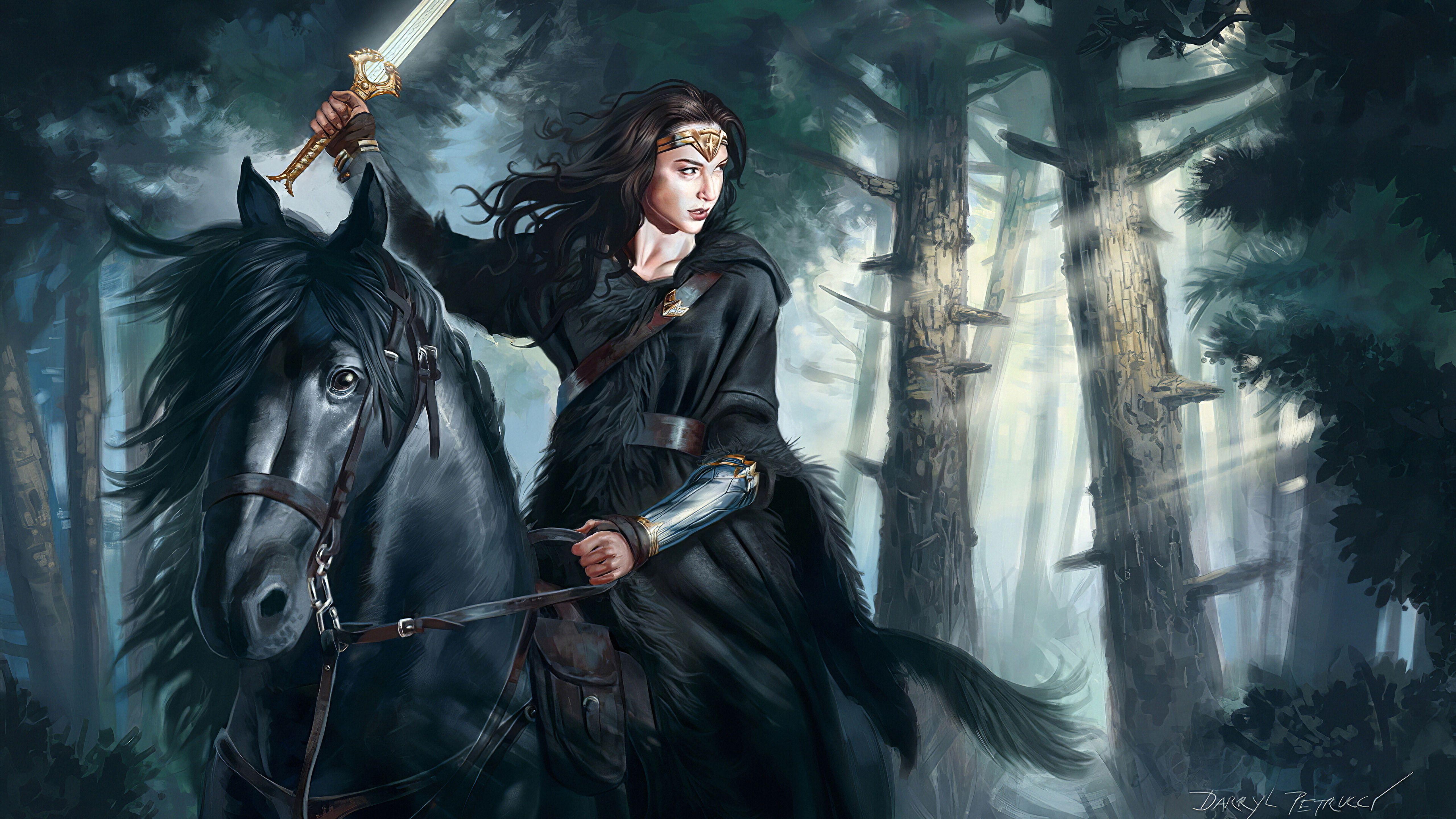 5120x2880 Wonder Woman Riding Horse 5K Wallpaper, HD Superheroes