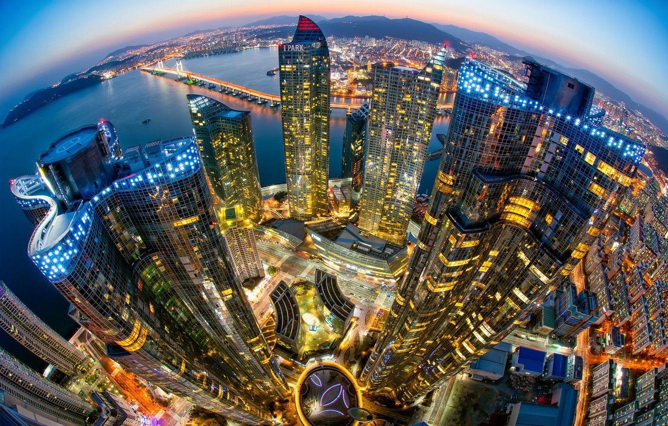1332x850 Wallpaper city, lights, sea, ocean, bridge, sunset, South Korea, night, buildings, skyscrapers, bay, cityscape, Seoul image for desktop, section город