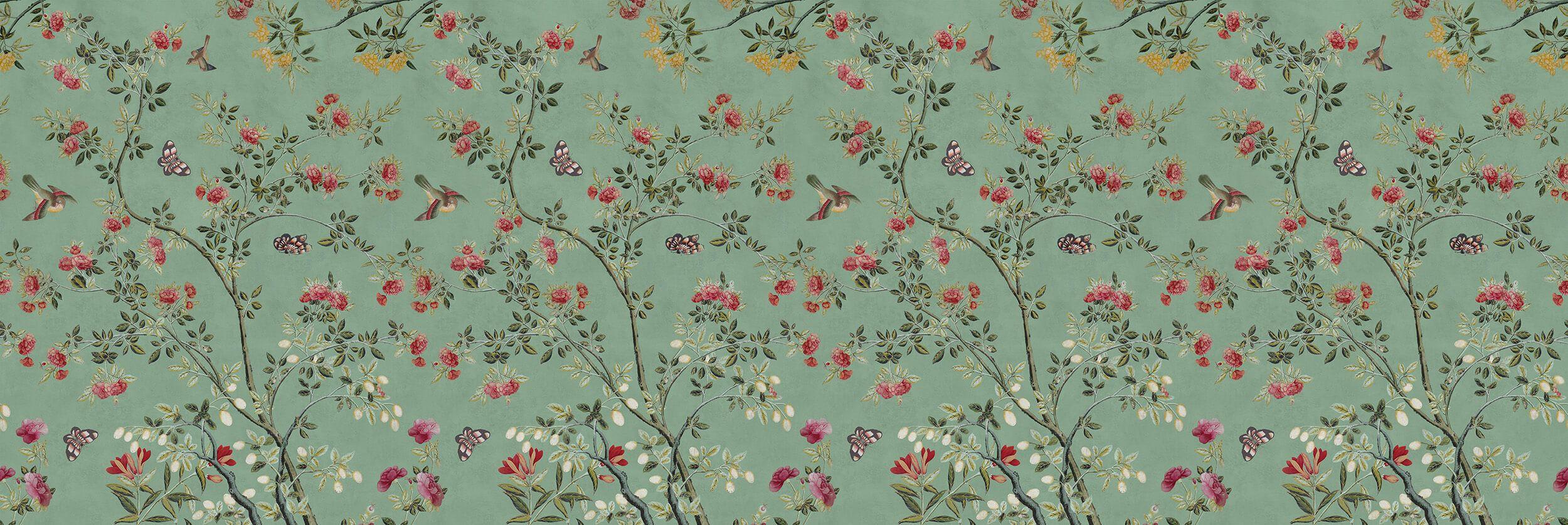 2500x837 Camellia Chinoiserie Jade Green' Wallpaper Murals