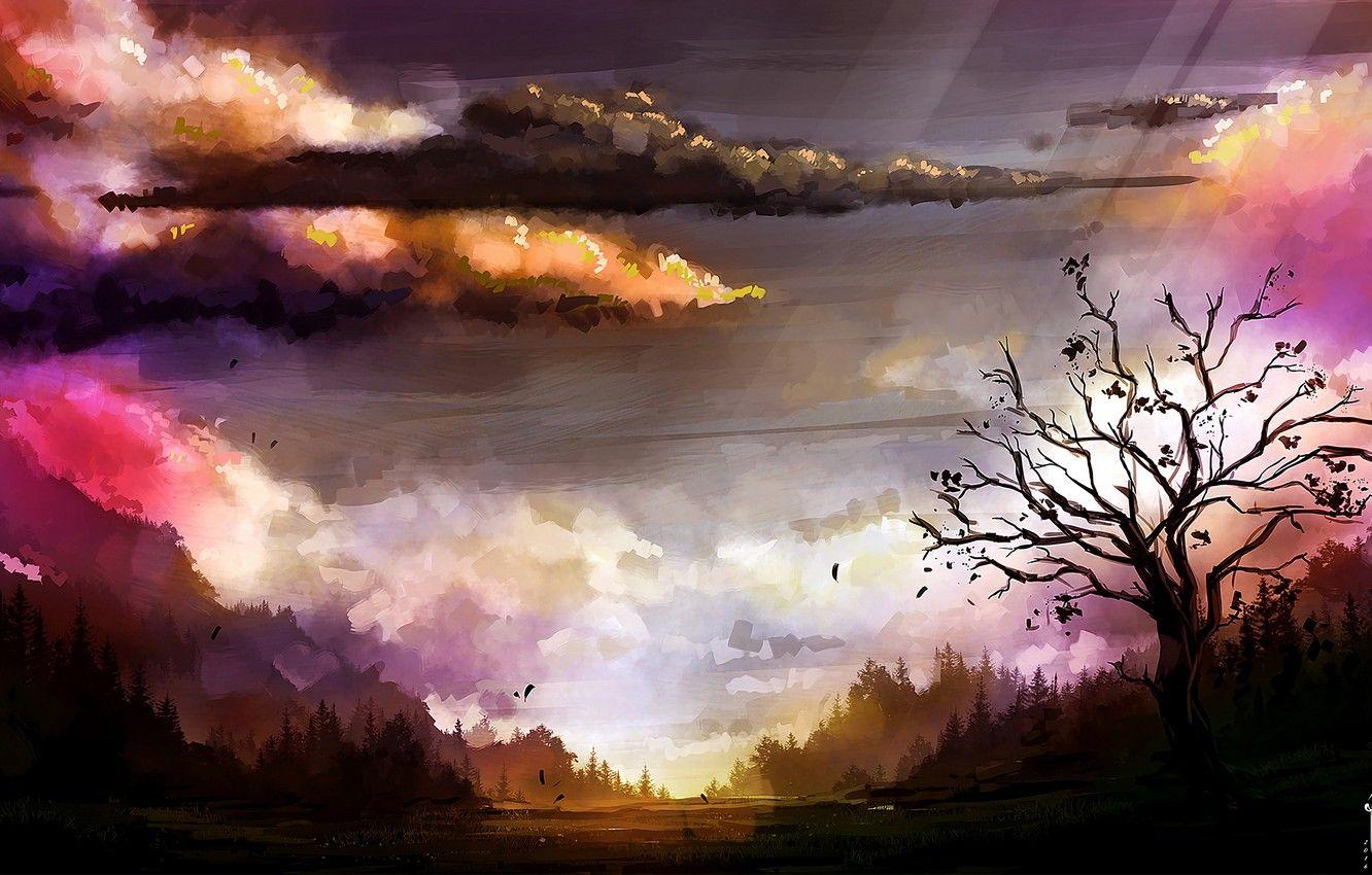 1332x850 Wallpaper forest, sky, landscape, nature, art, clouds, tree