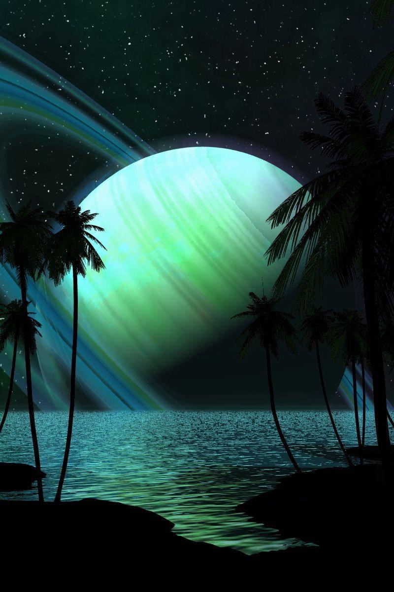 800x1200 Download wallpaper 800x1200 saturn, palm trees, water, darkness