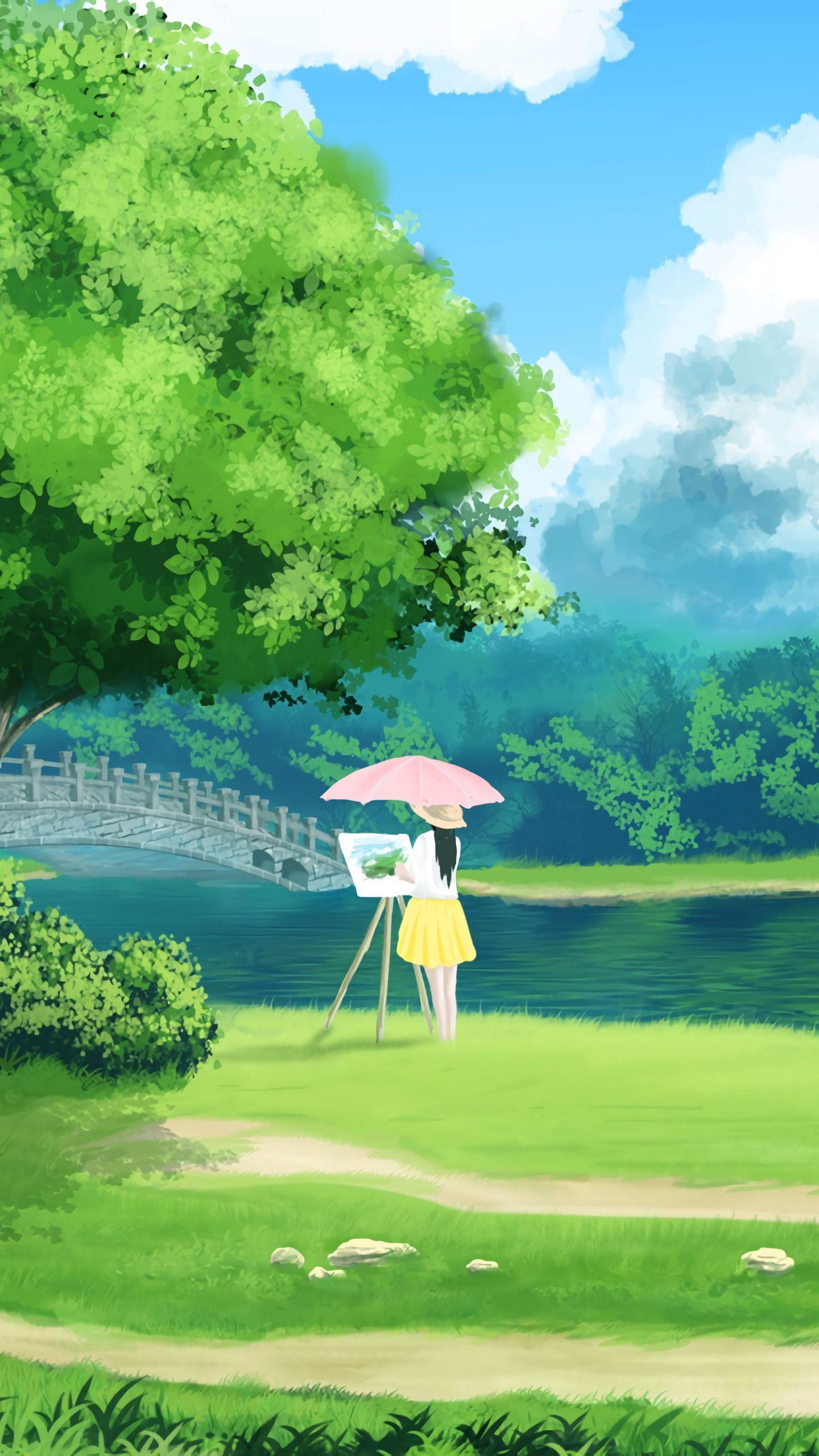 1440x2560 Download wallpaper 1440x2560 girl, painter, nature, landscape, art
