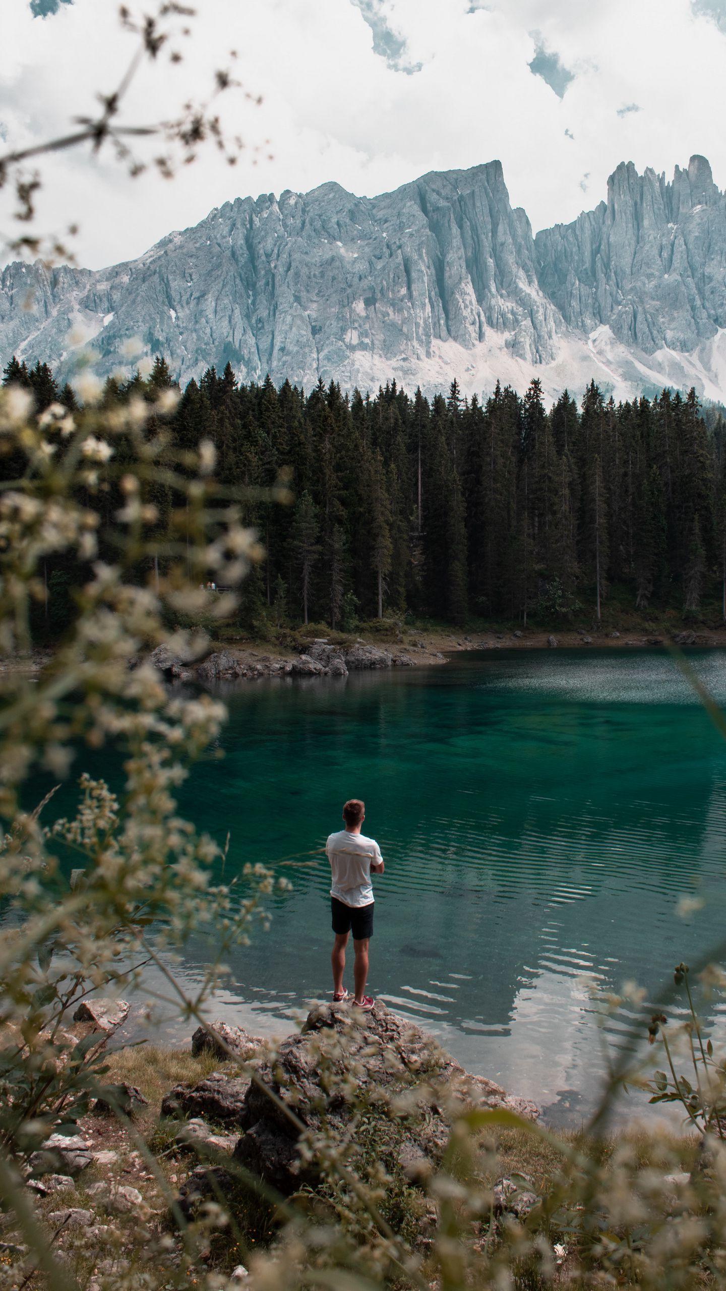 1440x2560 Download wallpaper 1440x2560 lake, mountains, forest, man, nature
