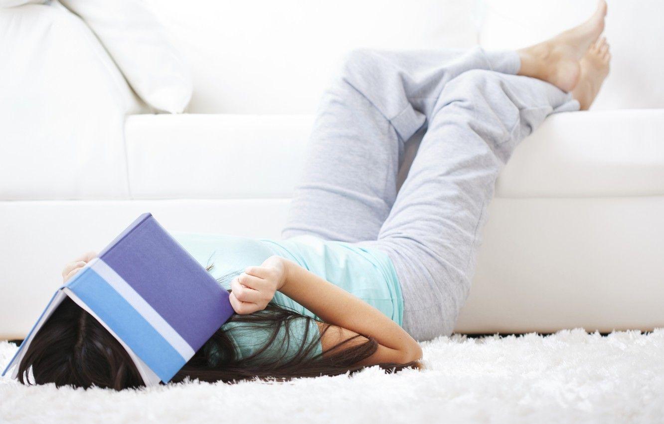 1332x850 Wallpaper sofa, carpet, girl, book, the study, tired image
