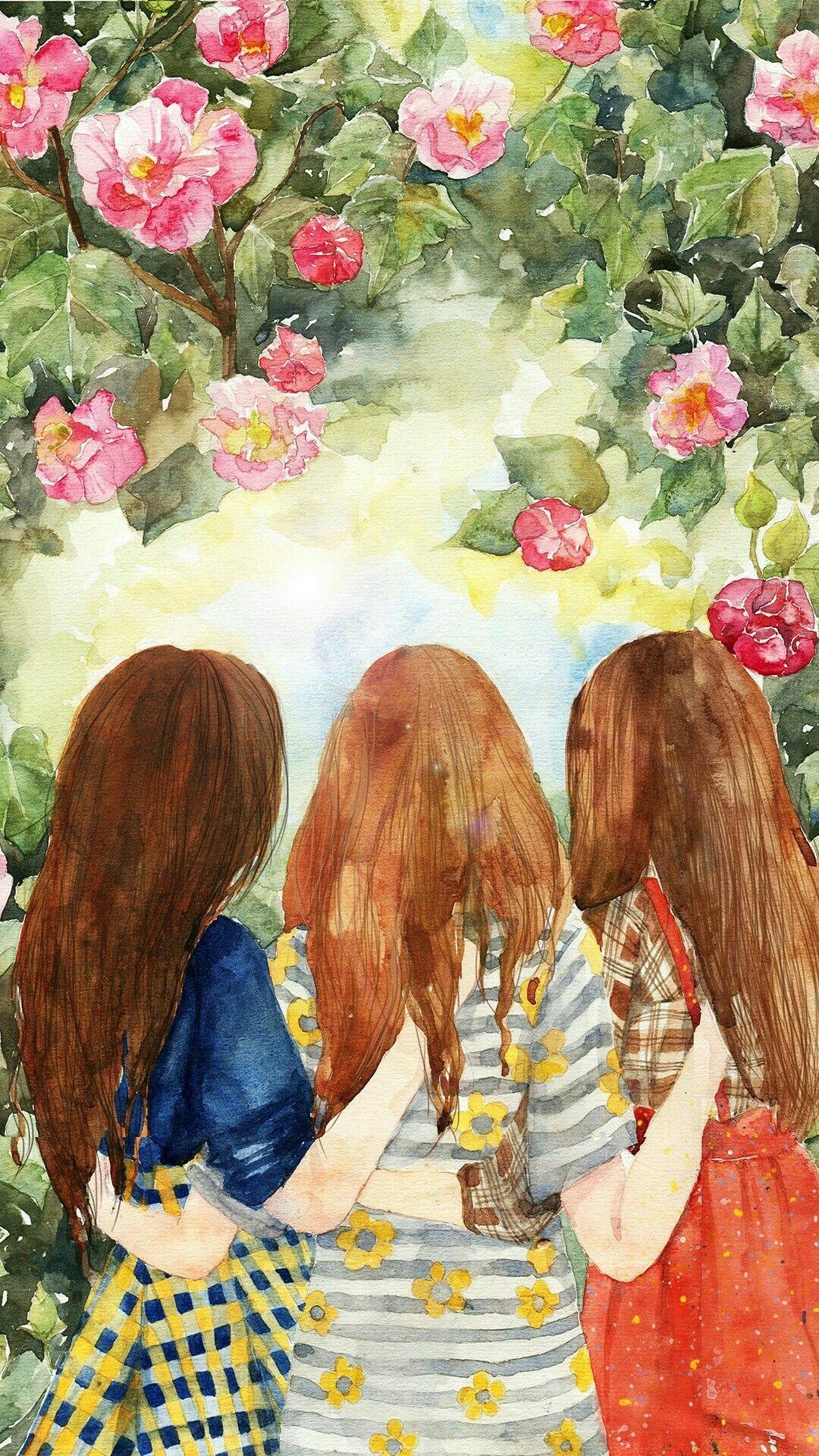 1080x1920 Bff Drawings, Art Logo, Cute Wallpaper, Art Girl, Cover Art, iPhone Wallpaper, Beautiful Picture, Friendship, Watercol. Bff drawings, Cute art, Illustration art