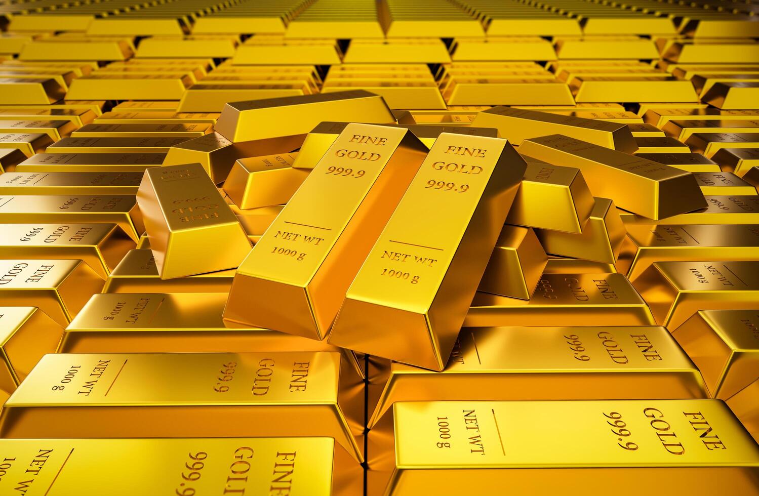 1499x980 Gold bullion bars background, a large stockpile of gold bars. Concept of gold exchange rate of world gold market, and precious metal investment. Horizontal