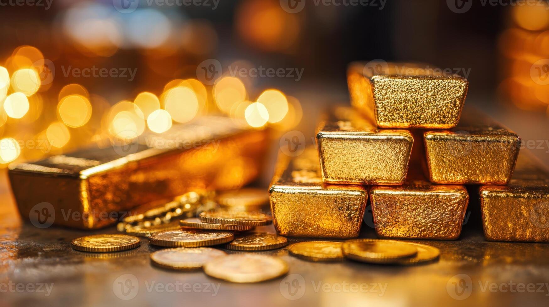 1749x980 Gold Ingots and Coins Stacked Wealth Concept with Bokeh Background for Financial Investments