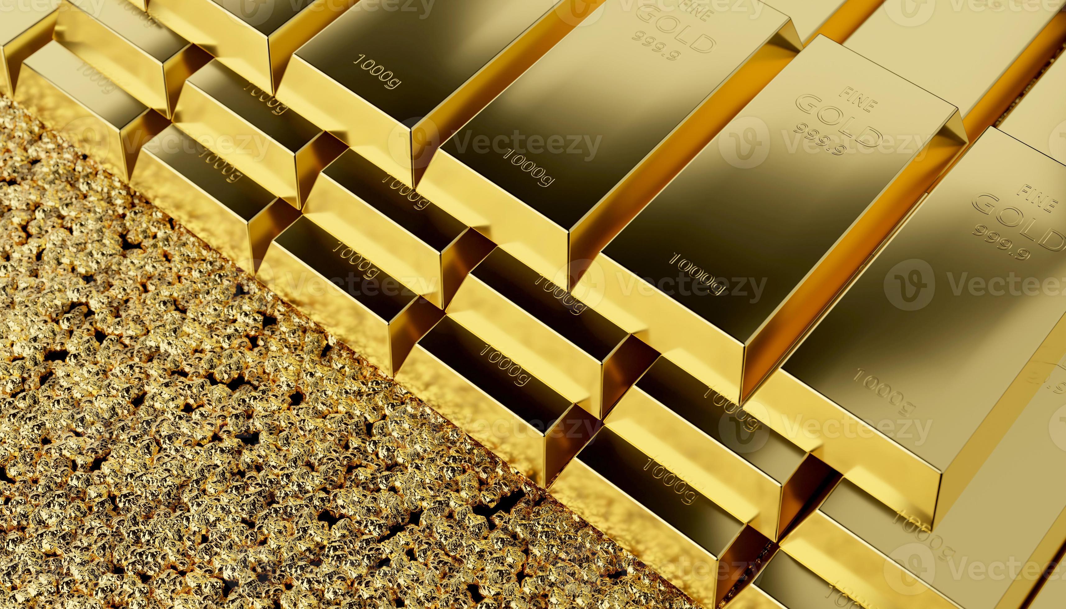 3430x1960 Financial concepts stack of fine gold bar, gold brick block ingot or bullion background. 3D illustration
