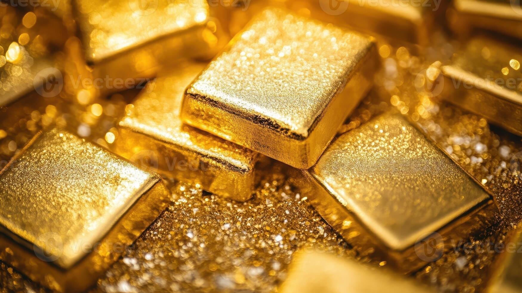 1749x980 Golden bars are piled on glistening sparkling granular background