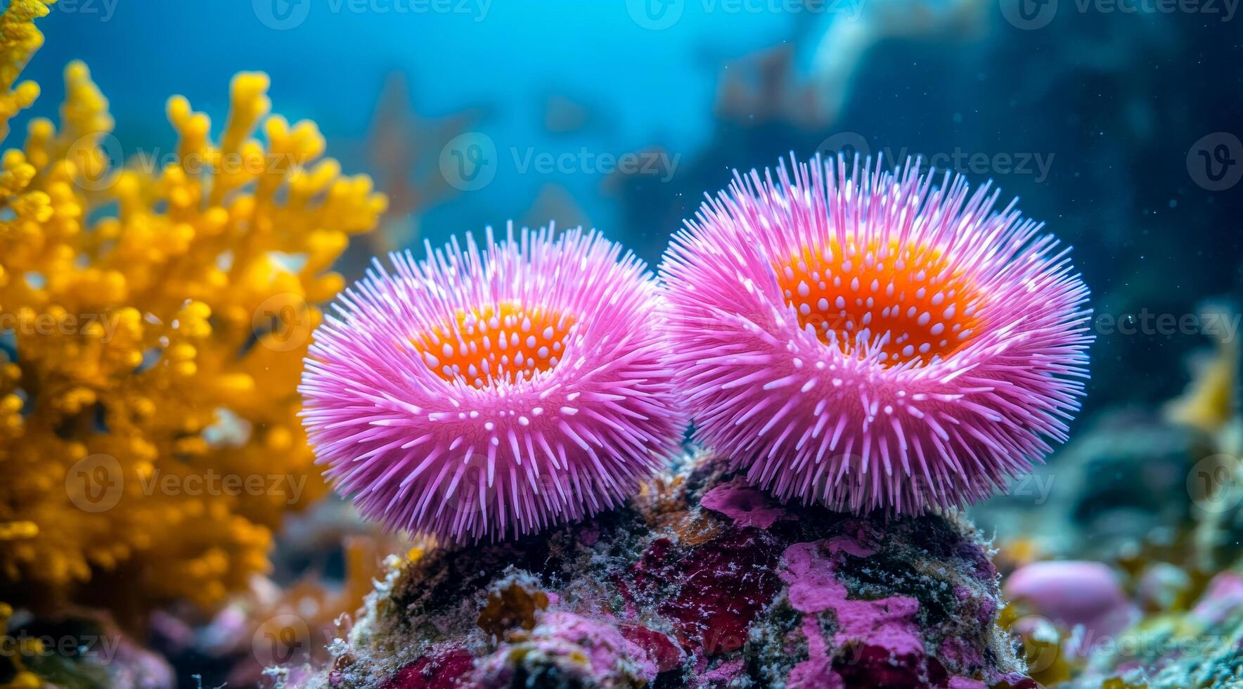 1768x980 Two pink and orange sea anemones are on a rock in a coral reef. The bright colors of the anemones contrast with the blue and green of the ocean 50364506